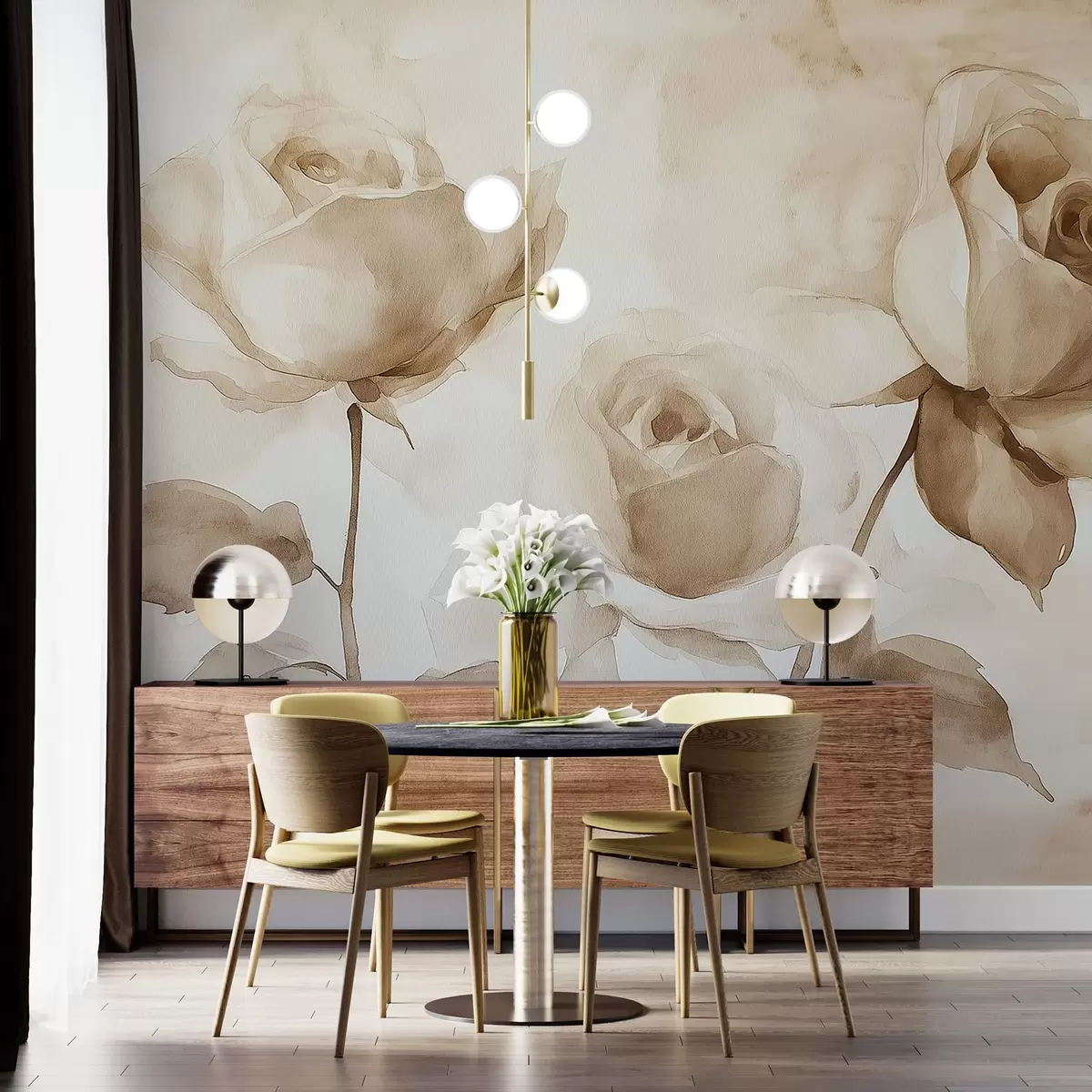 Fotobehang Beige rozen, bloemen, zachte aquareltekening, rustiek, bohemien w02490