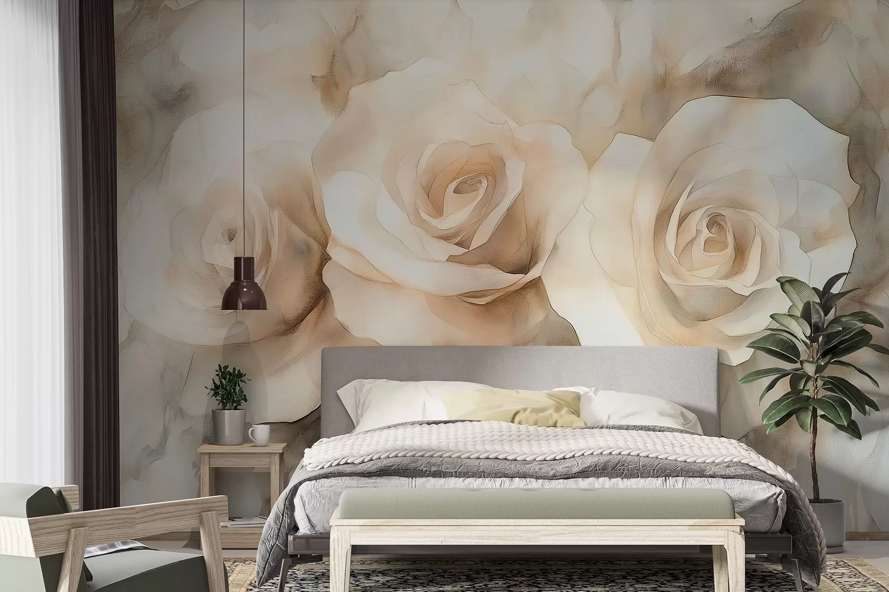 Fotobehang Prachtige rozen, aquarelstijl, beige kleuren, bohemien w02492