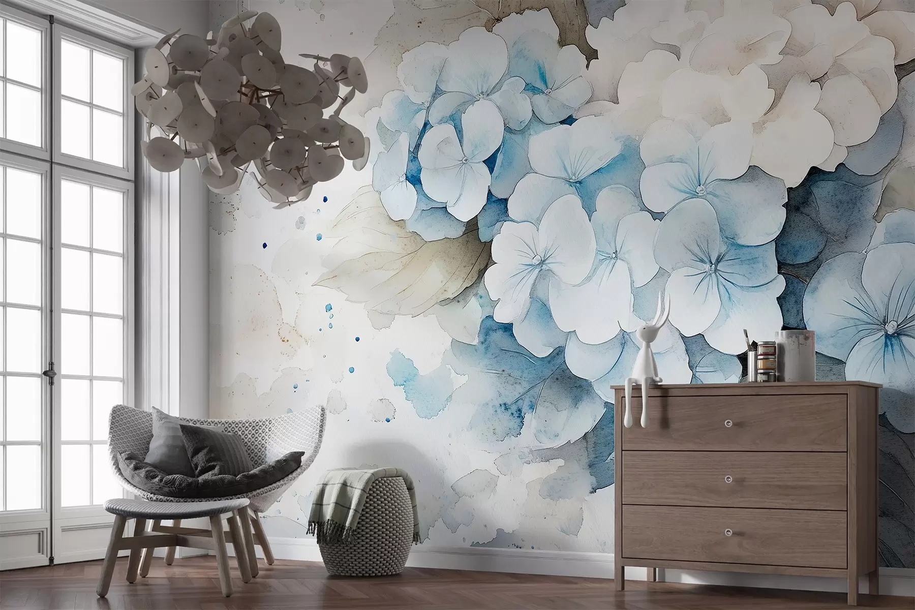 Fotobehang Aquarel stijl tekening van hortensia bloemen met bladeren, zachte natuurlijke kleuren w02493
