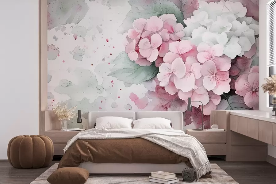 Fotobehang Aquarel stijl tekening van hortensia bloemen met bladeren, zacht roze en groene kleuren w02493v1