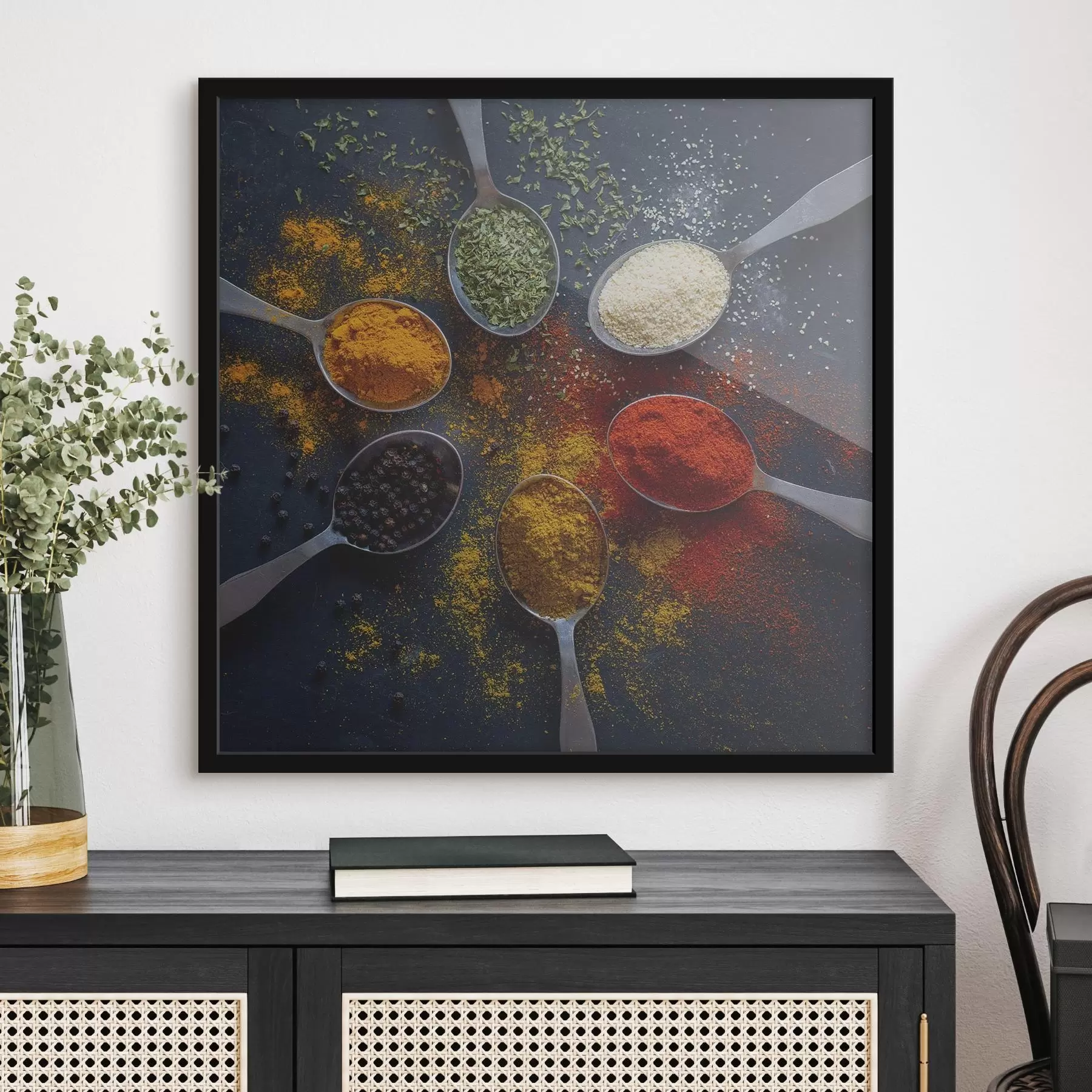 Fotobehang Groep lepels met verschillende kruiden f37046