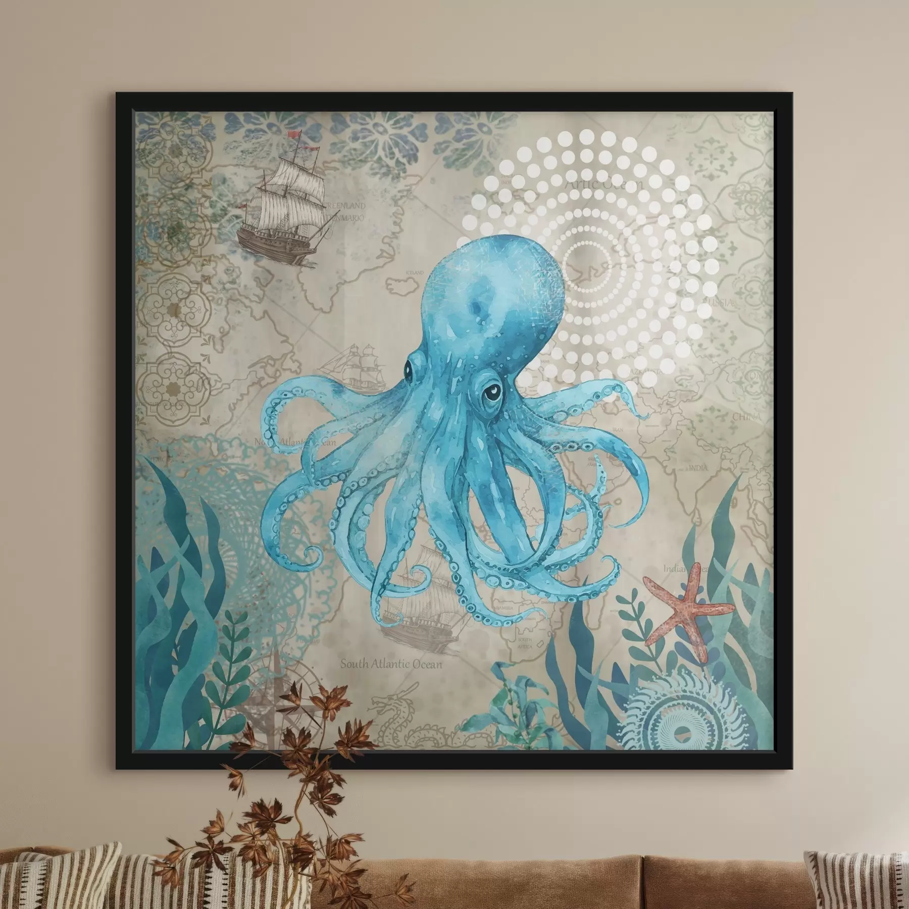 Fotobehang Blauwe octopus met oceaankaart f37154