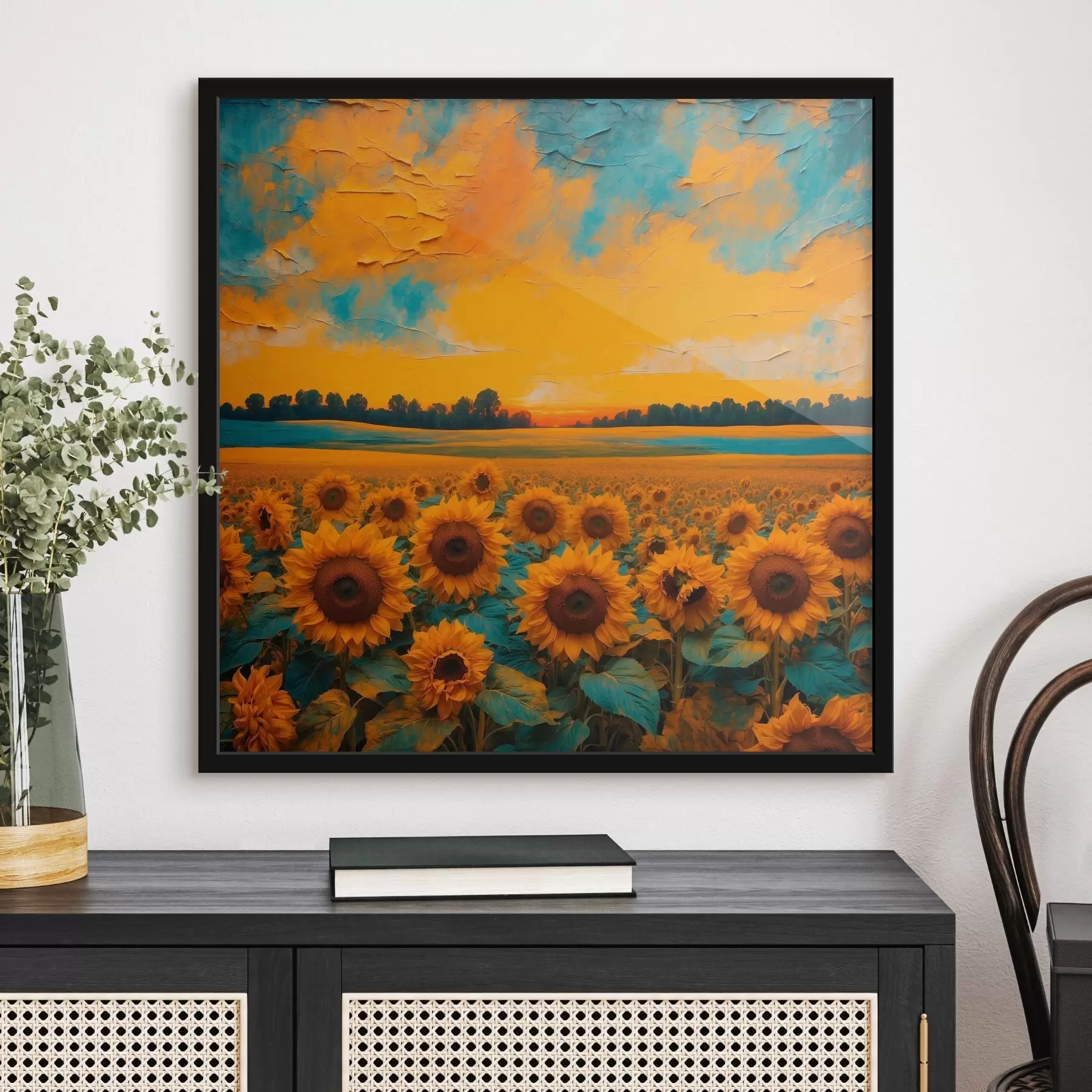 Fotobehang Levendige zonnebloemen begroeten de ondergaande zon f39008
