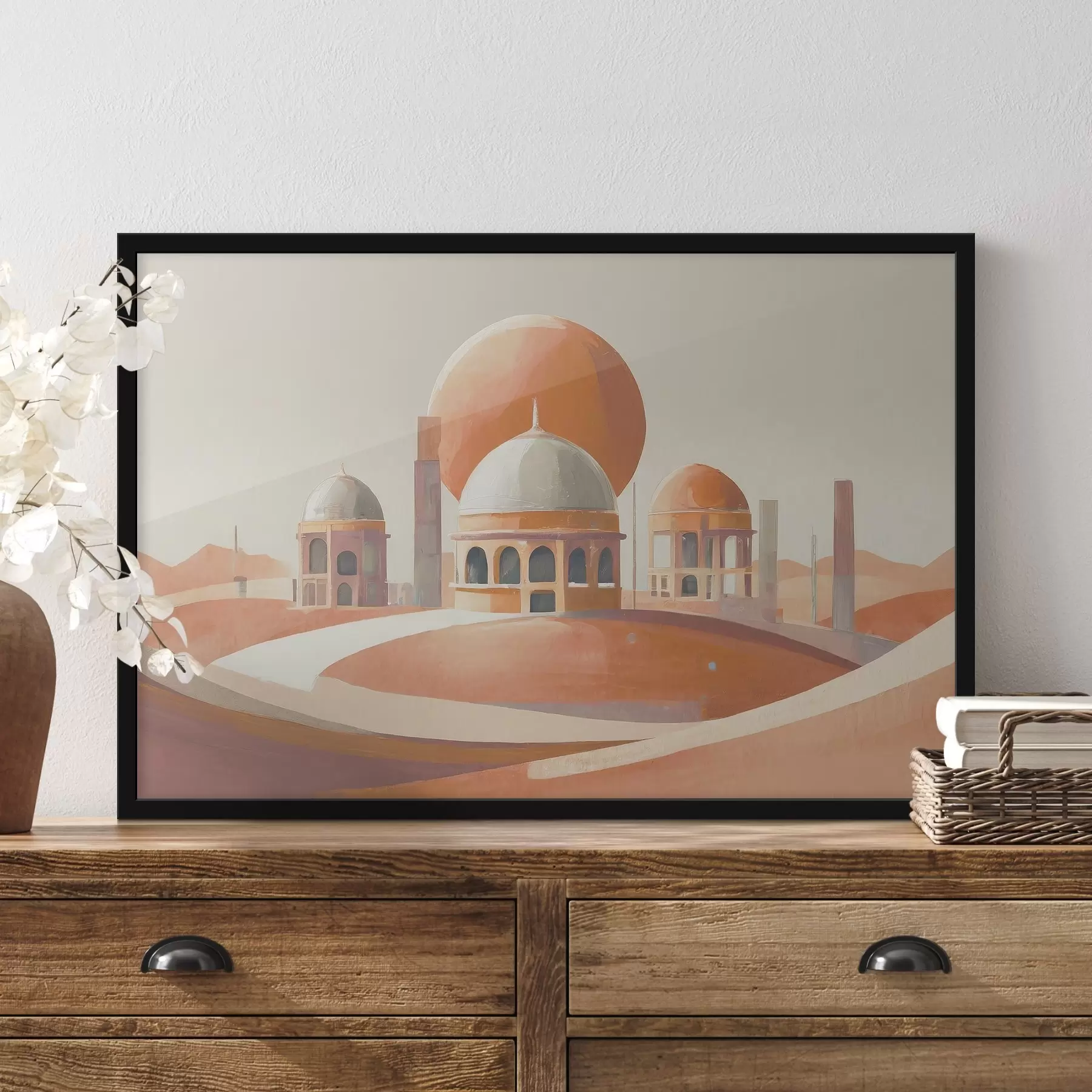 Fotobehang Woestijnlandschap met gebouwen en een grote oranje bal f37812