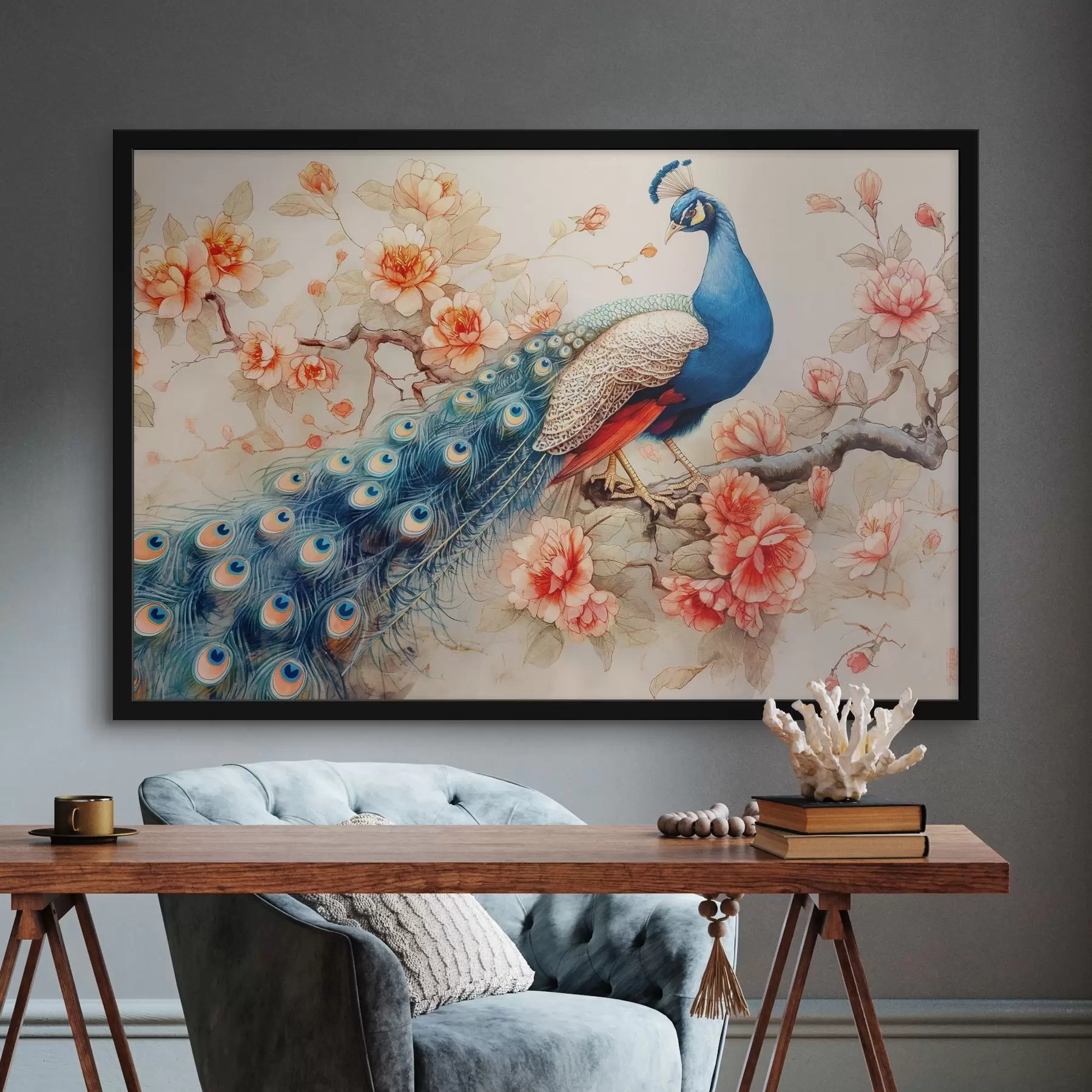  Schilderijen Afbeelding van pauw op een tak met bloemen f38451