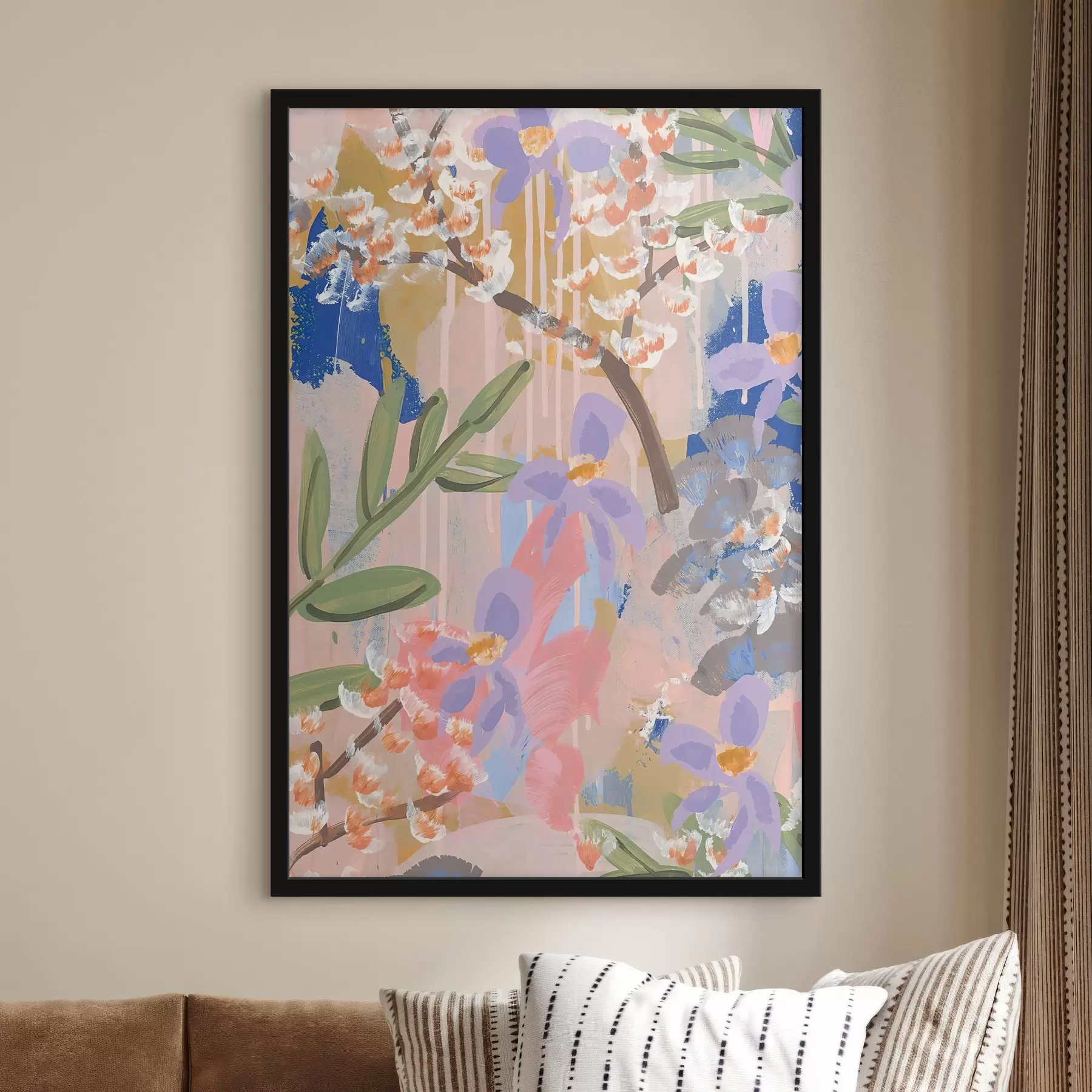 Fotobehang Een schilderij van bloemen en bladeren f36626