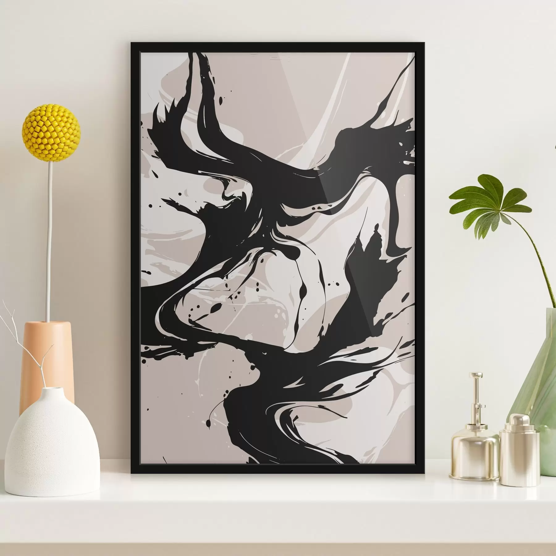 Fotobehang Zwart-witte werveling op beige achtergrond f37286