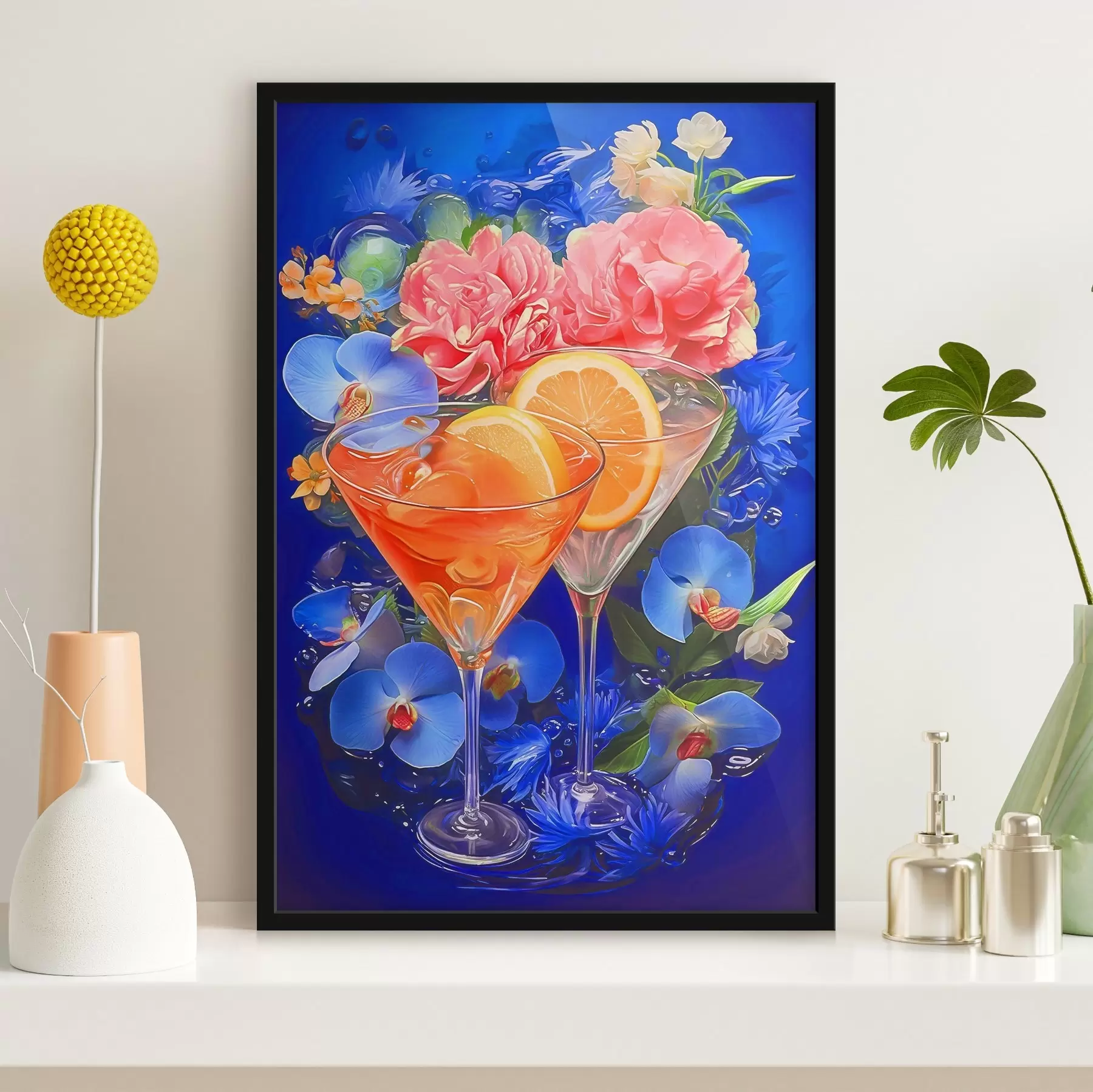 Fotobehang Een bril met sinaasappels en bloemen f37564