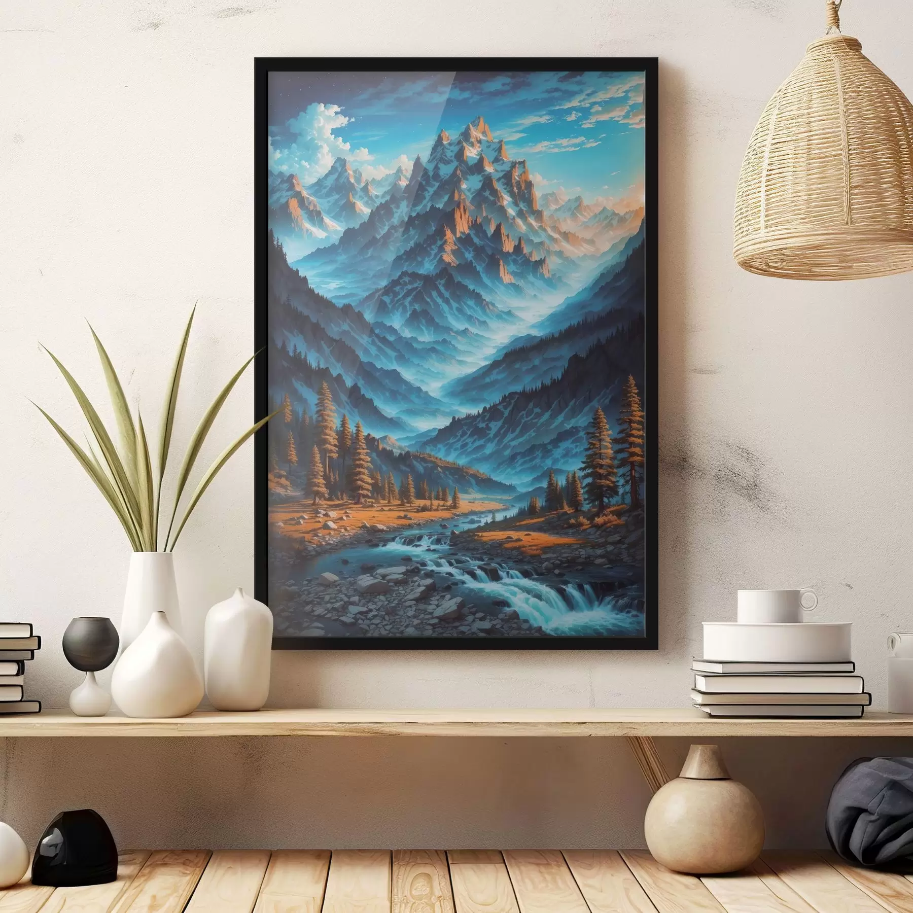 Fotobehang Bergketen met bomen en rivier f38134