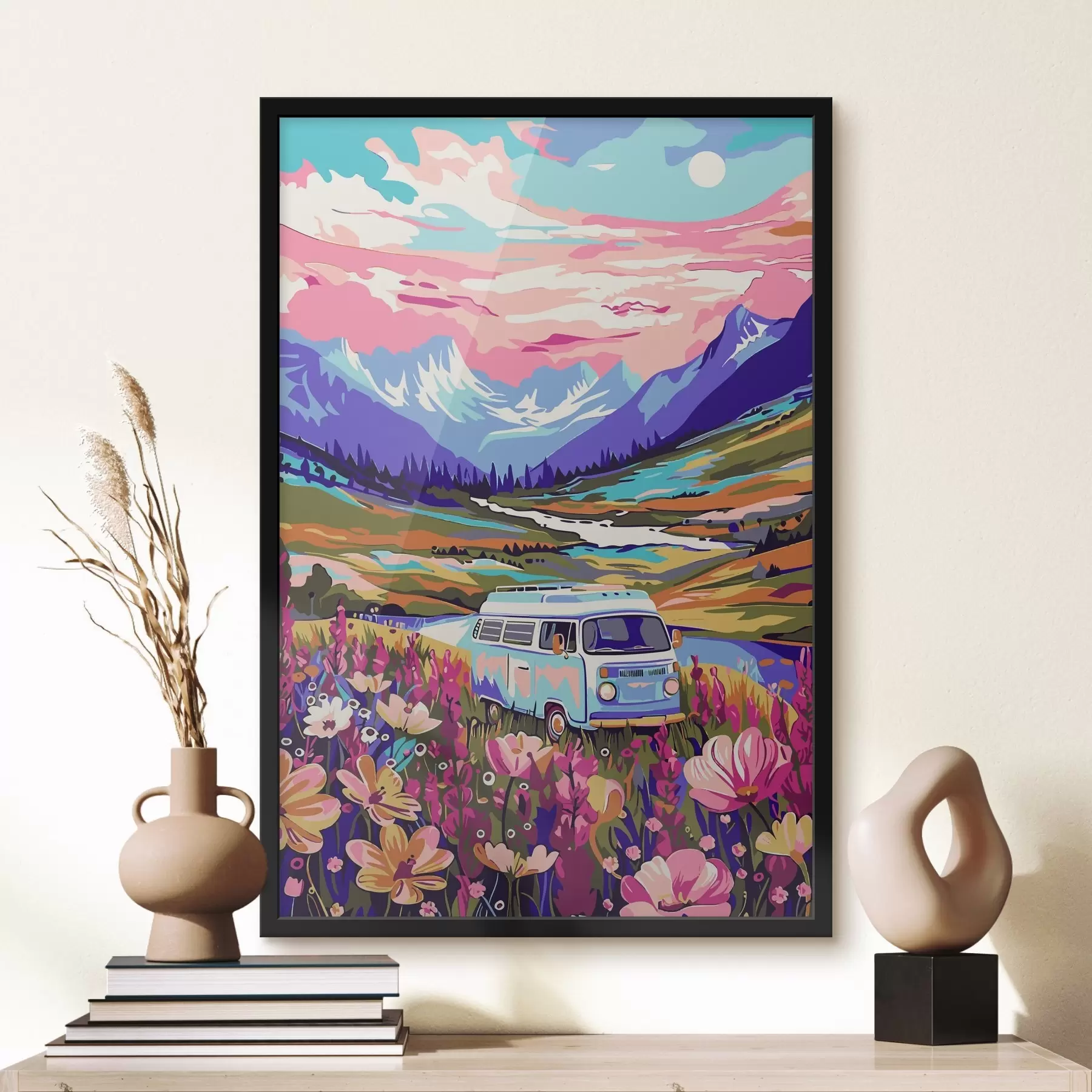 Fotobehang Een busje rijdt door een bloemenveld f38260