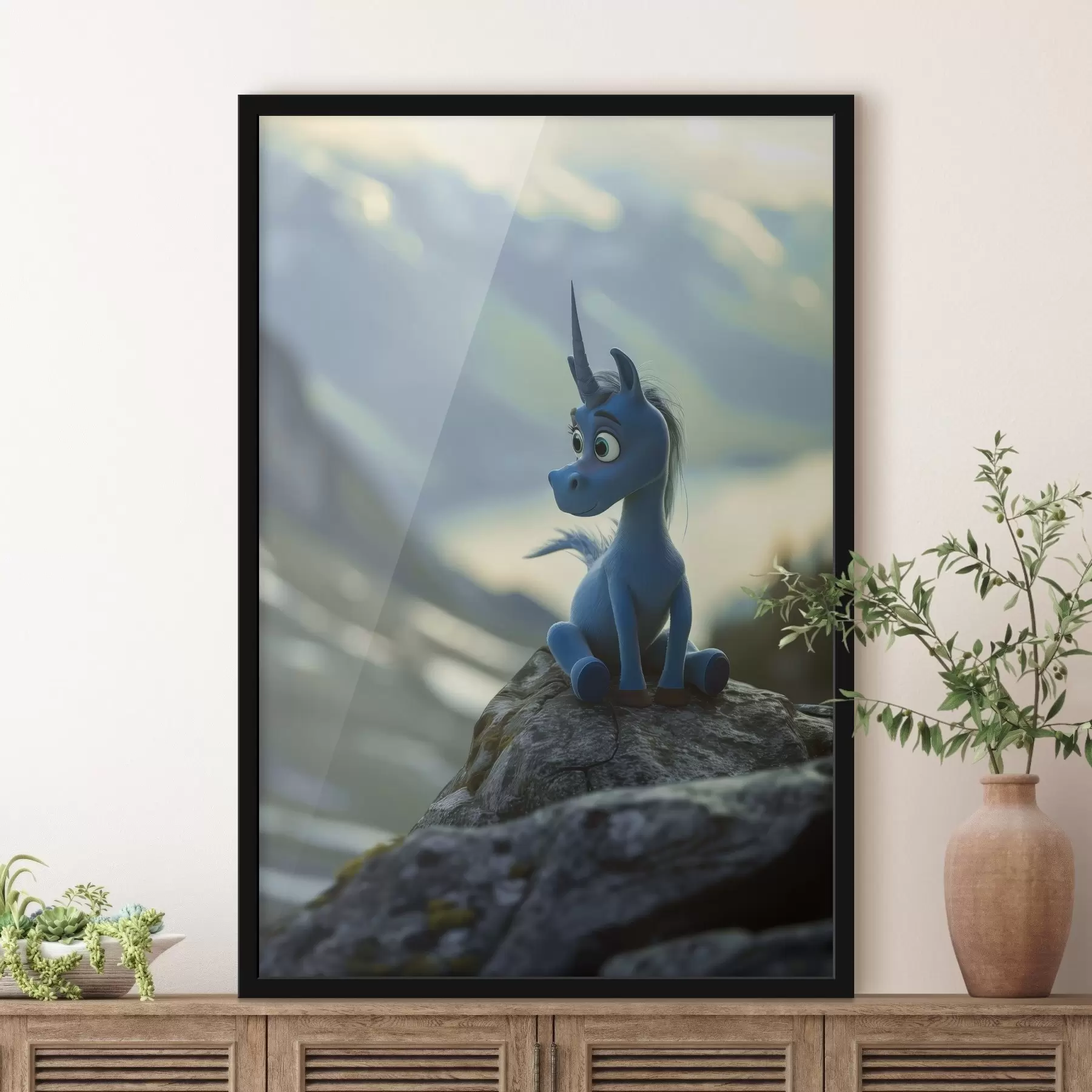 Fotobehang Een tekening van een blauwe eenhoorn zittend op een rots f38274