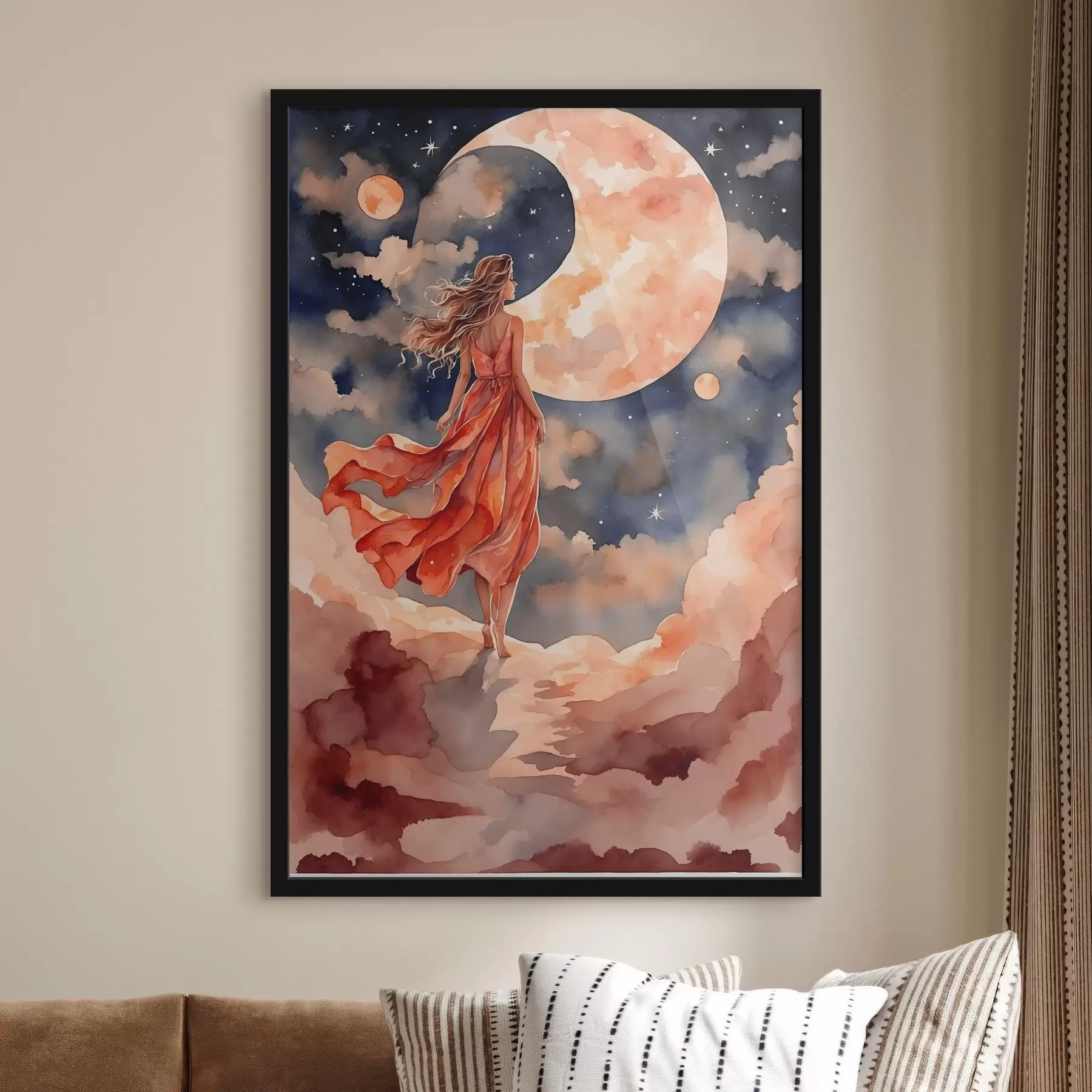 Fotobehang Vrouw in een jurk die op een wolk loopt f38440
