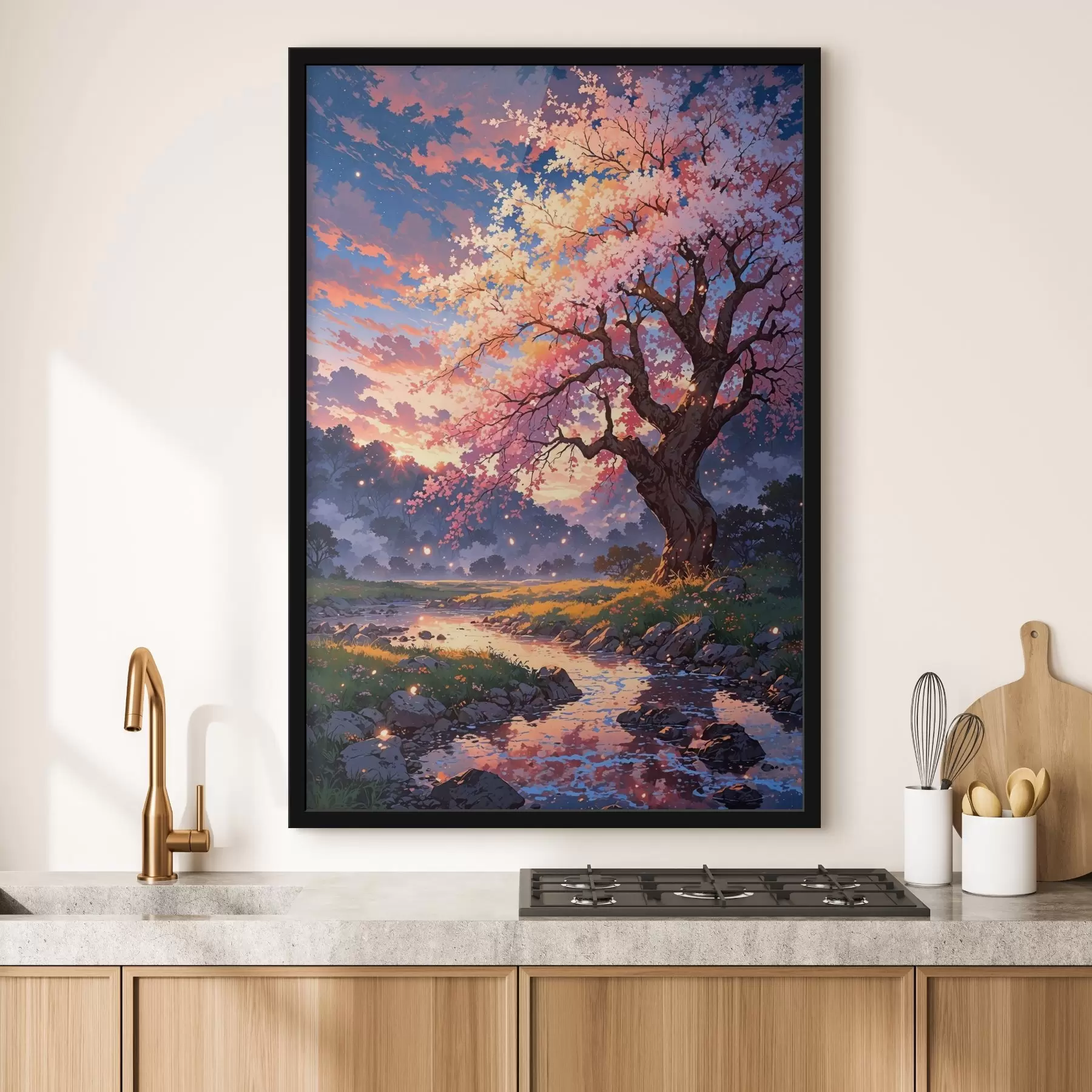Fotobehang Een boom met roze bloemen doorkruist door een rivier f38645