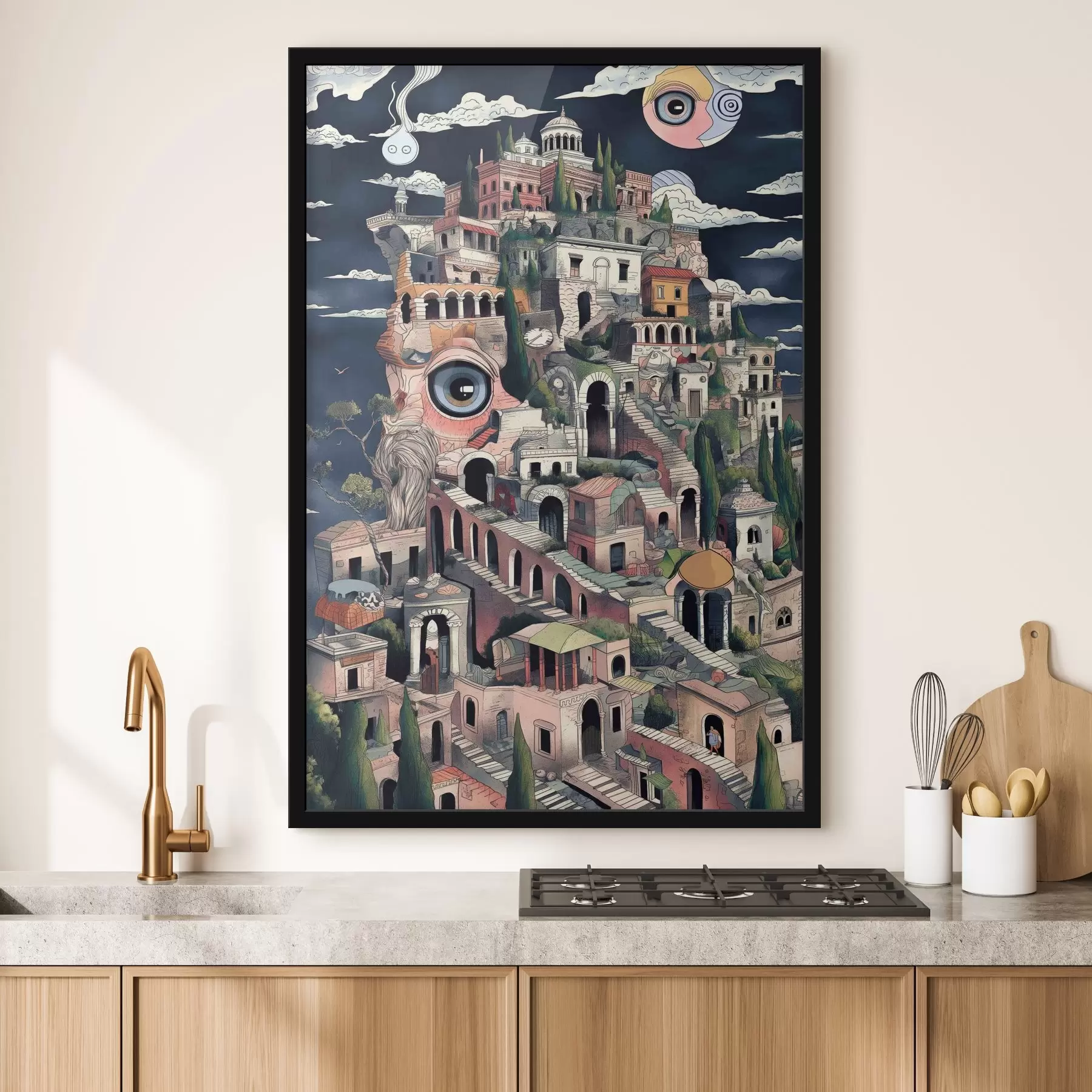 Fotobehang Grillige architectuur op een surrealistische heuvel f38802