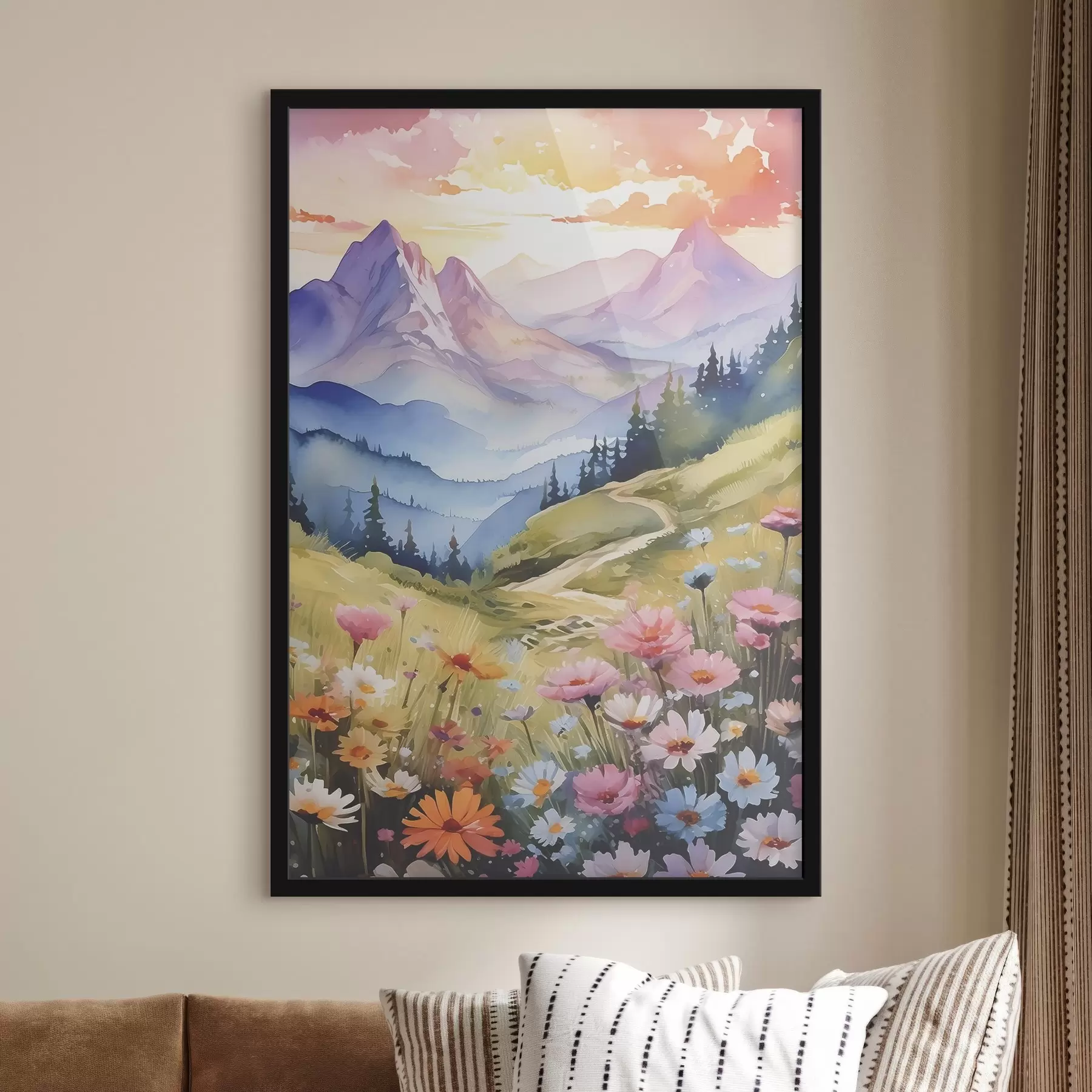 Fotobehang Sereen berglandschap met bloeiende bloemen f38839