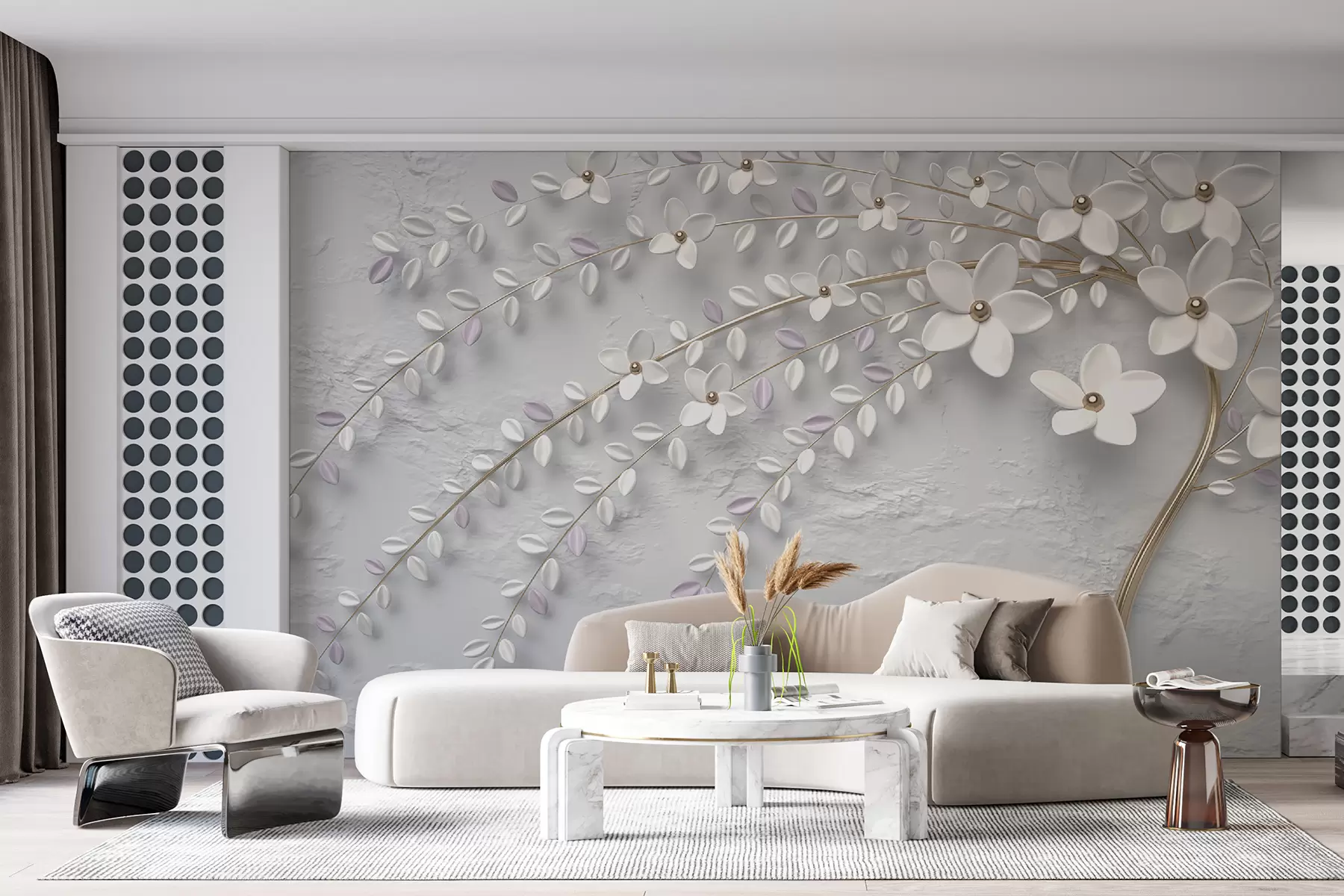 Fotobehang Bloeiende boom met hangende takken in lichtwitte en beige tinten u43124