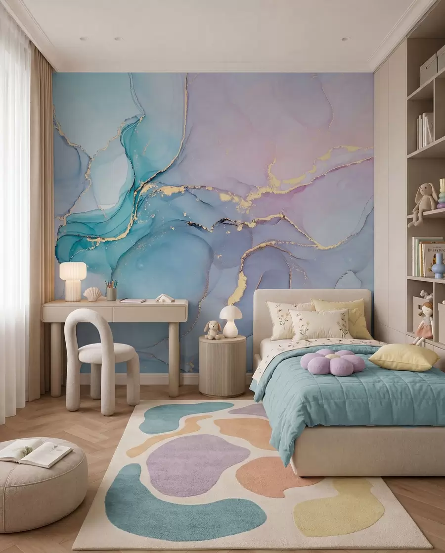 Fotobehang Marmer - azuurblauw, roze u49408