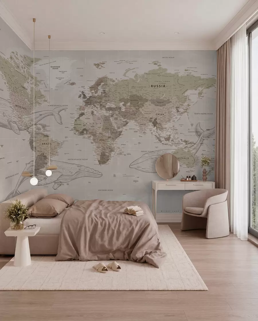 Fotobehang Wereldkaart met walvissen u50449