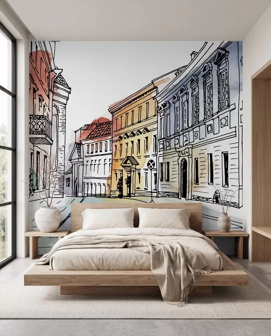 Fotobehang Oude stad, marker en aquarel u51062