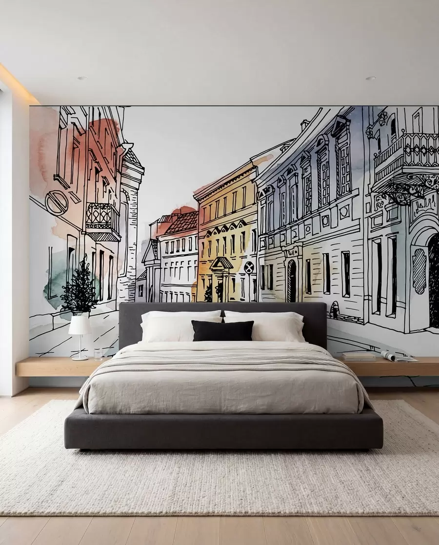 Fotobehang Oude stad, marker en aquarel u51062