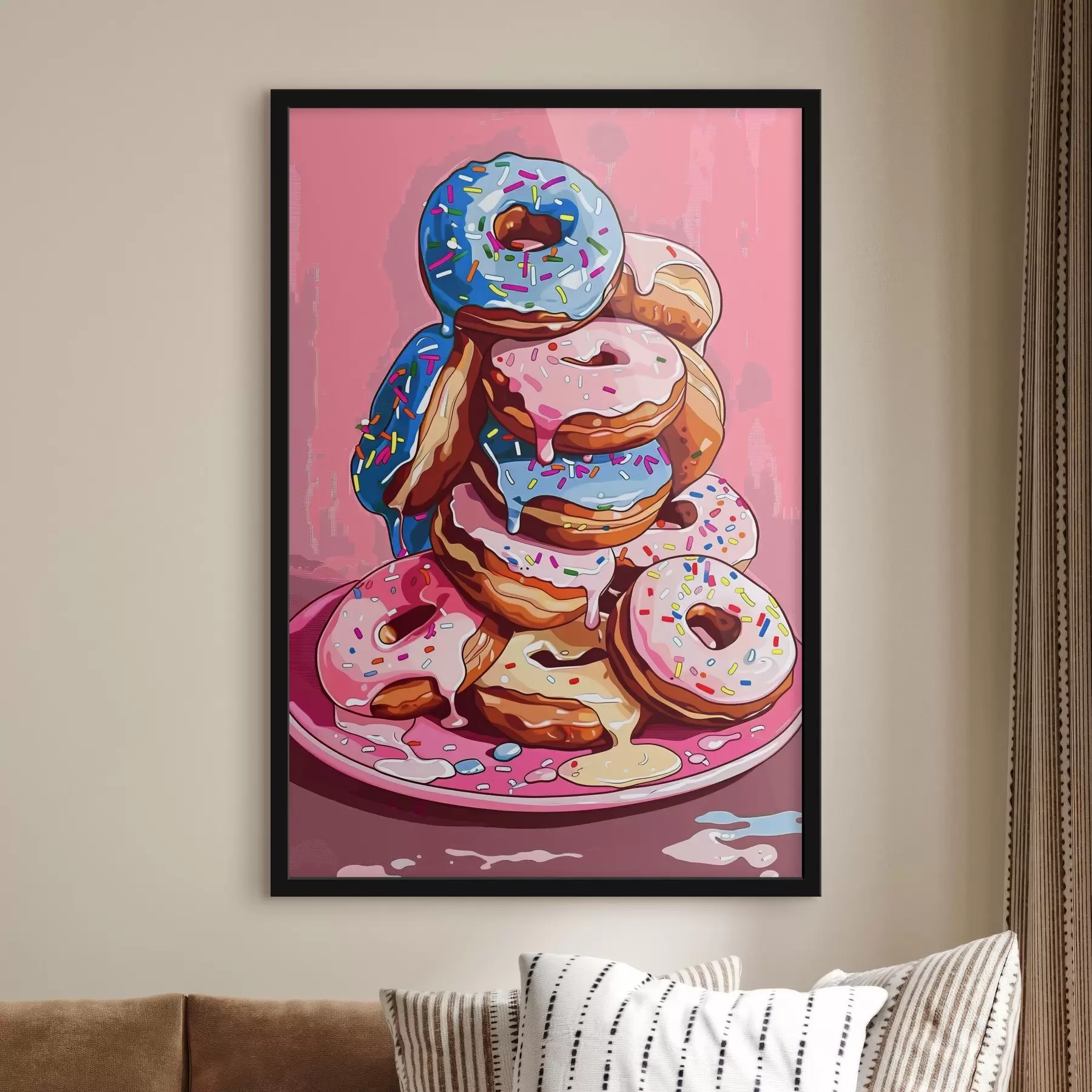 Fotobehang Kleurrijke donuts hoog opgestapeld f39043