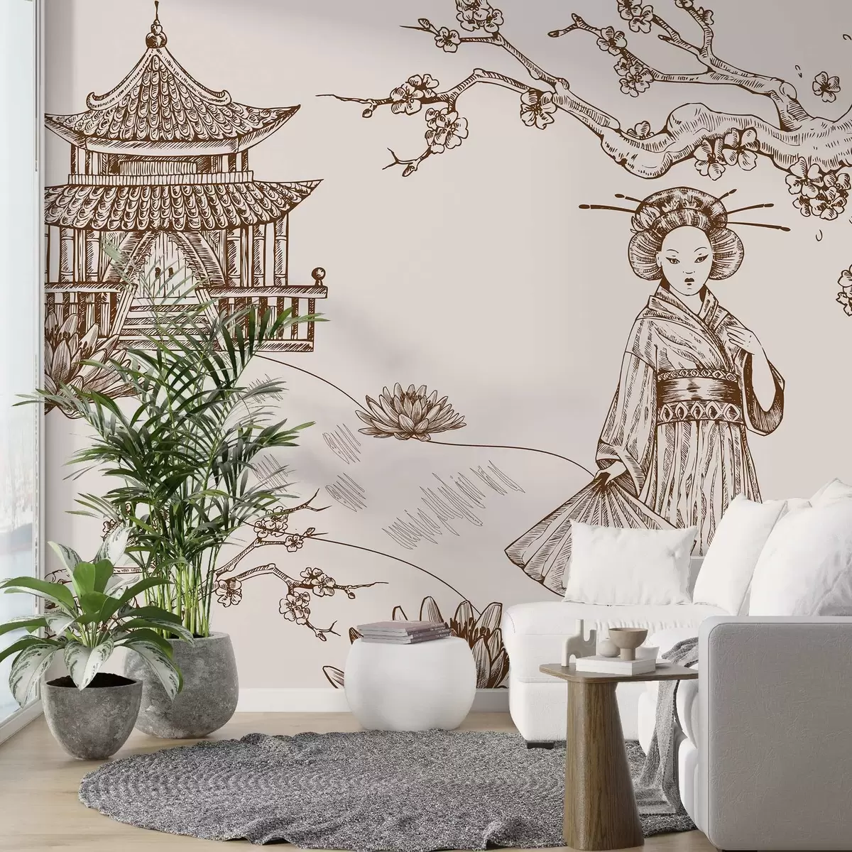 Fotobehang Oud huis in Aziatische stijl, meisje in traditionele kleding, kersenbloesem bloeit w02534
