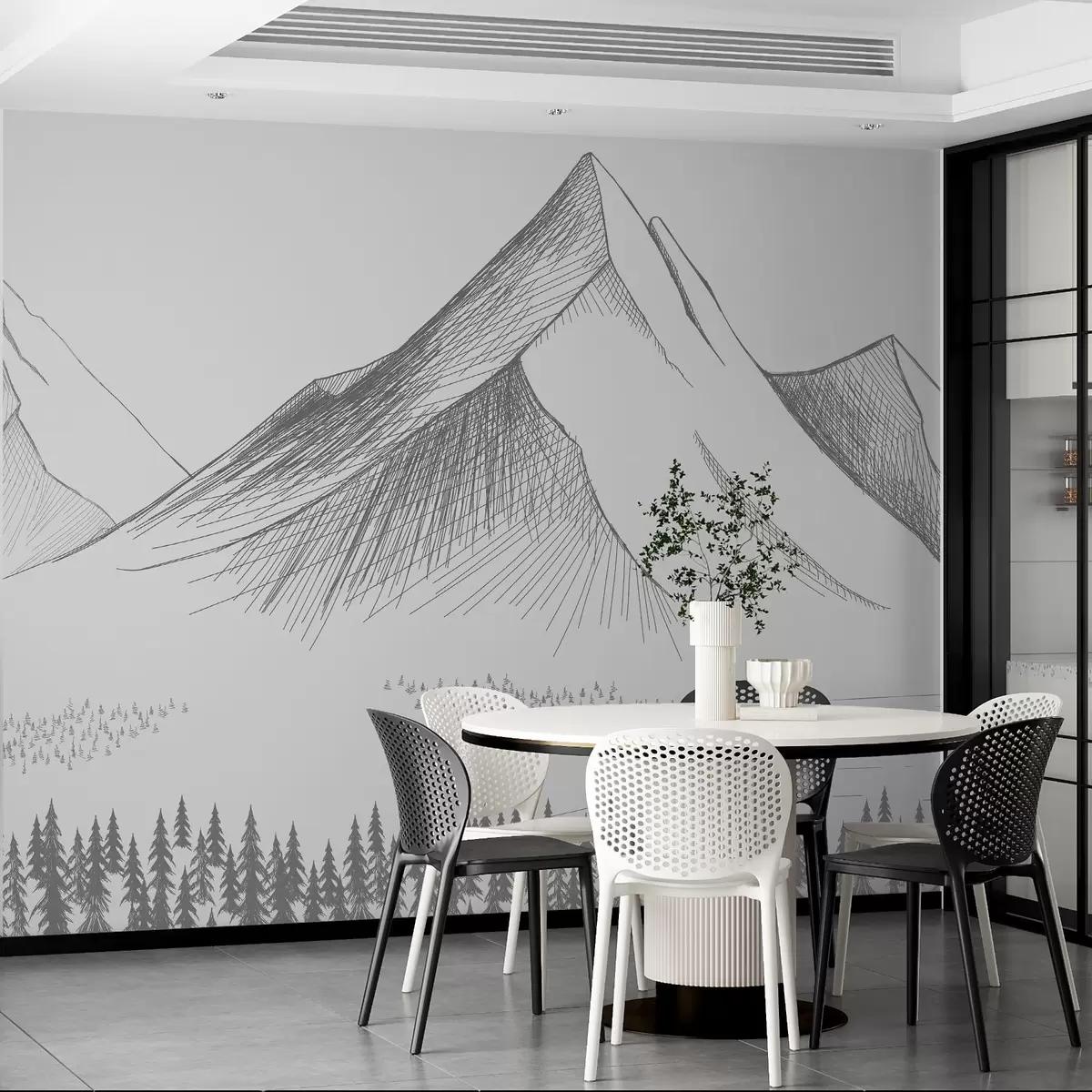 Fotobehang Bergen en bos, getekend met potlood w02536