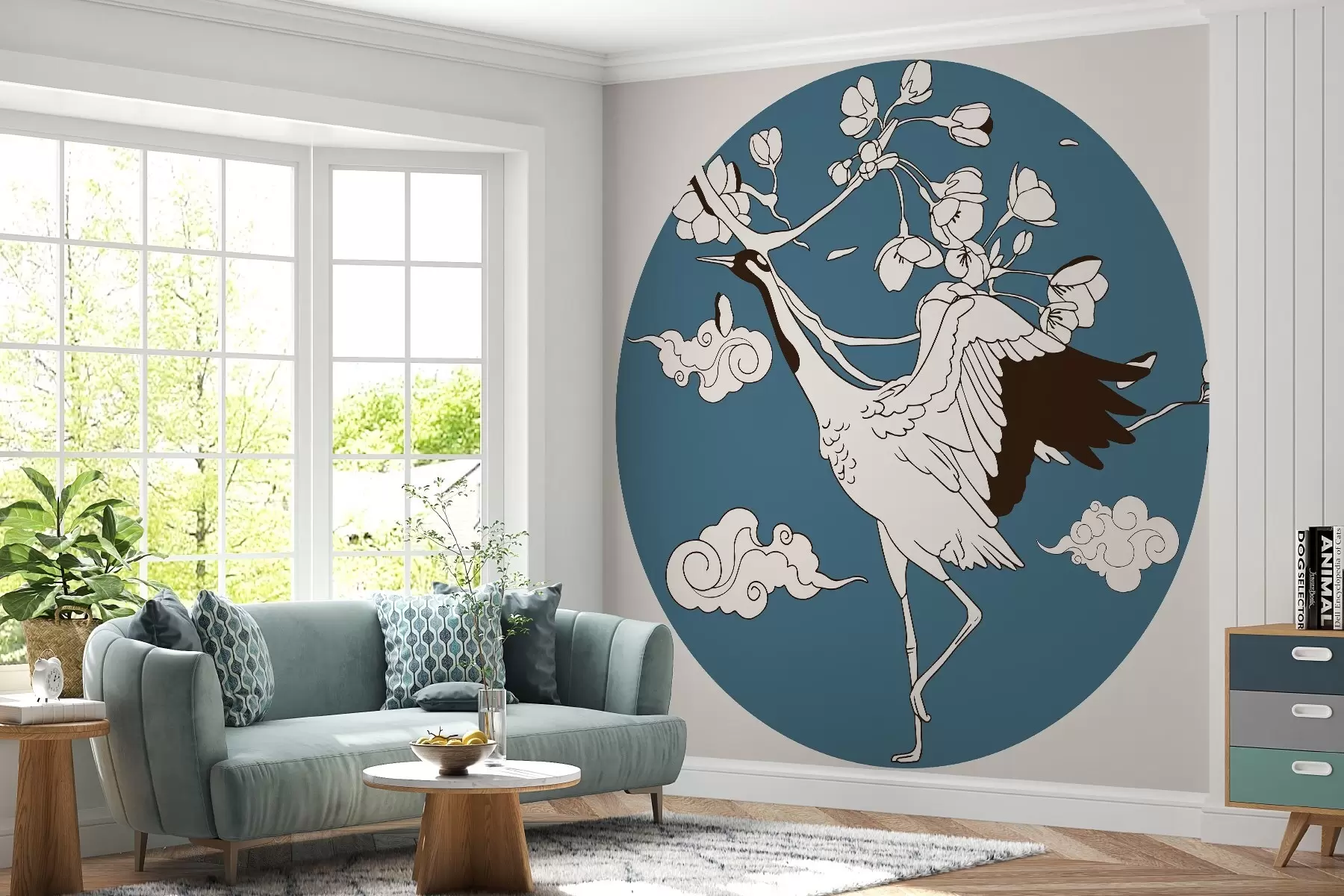Fotobehang Tekening in een cirkel, bloemen, wolken in Japanse stijl, kraanvogel, blauw gedeelte w02538