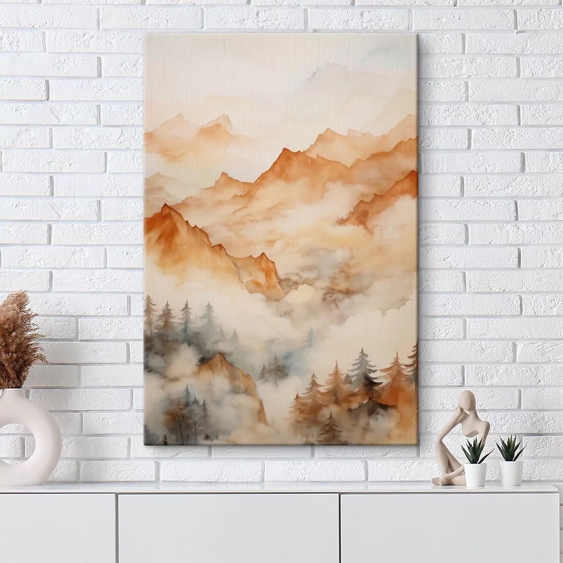  Schilderijen Bos en bergen imitatie van aquarel, oranje tinten s42119