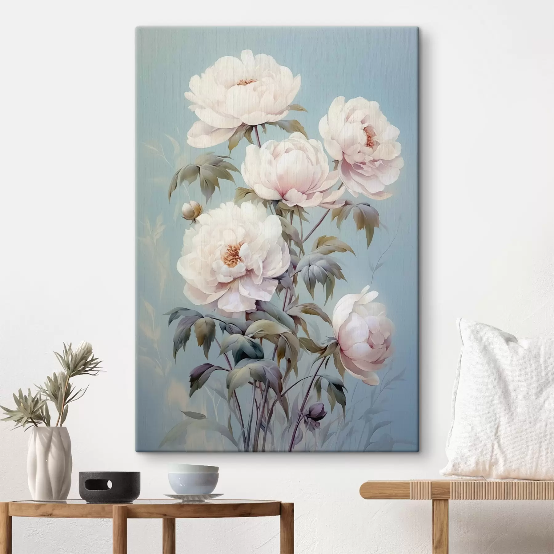  Schilderijen Pioenrozen op pastelblauwe achtergrond vintage stijl s42123