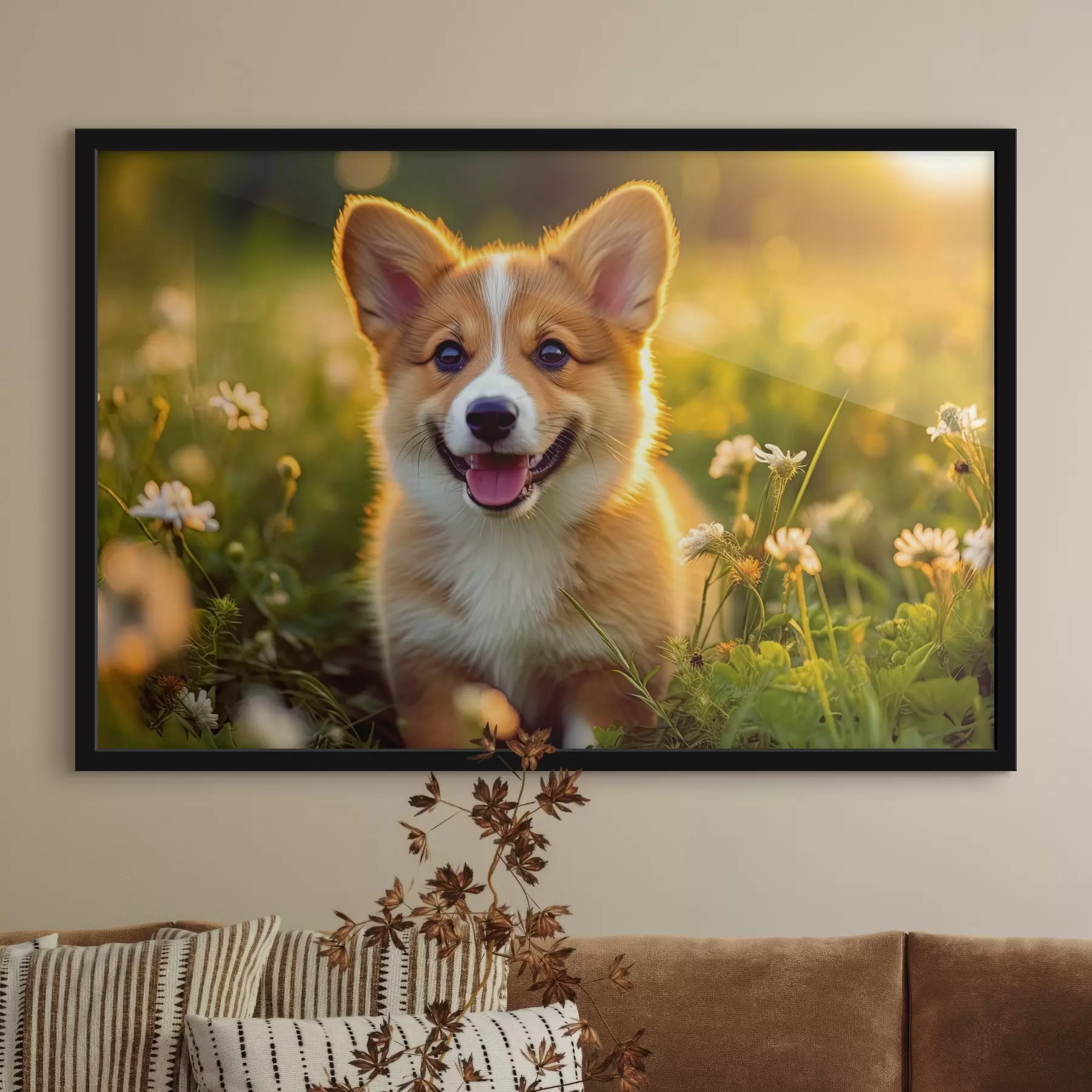 Fotobehang Corgi puppy in wilde bloemen f33532