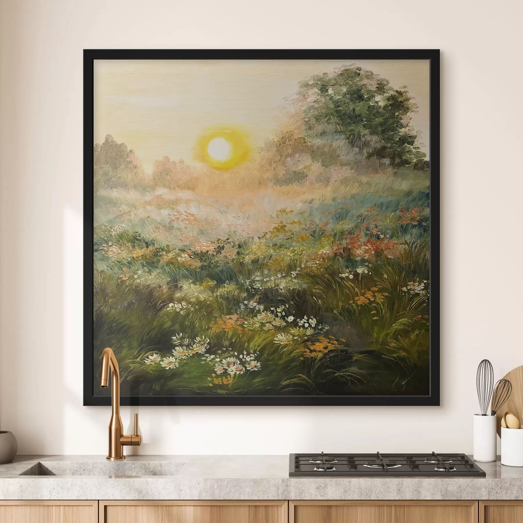 Fotobehang Olieverfschilderij - zonsopgang in het veld f34612