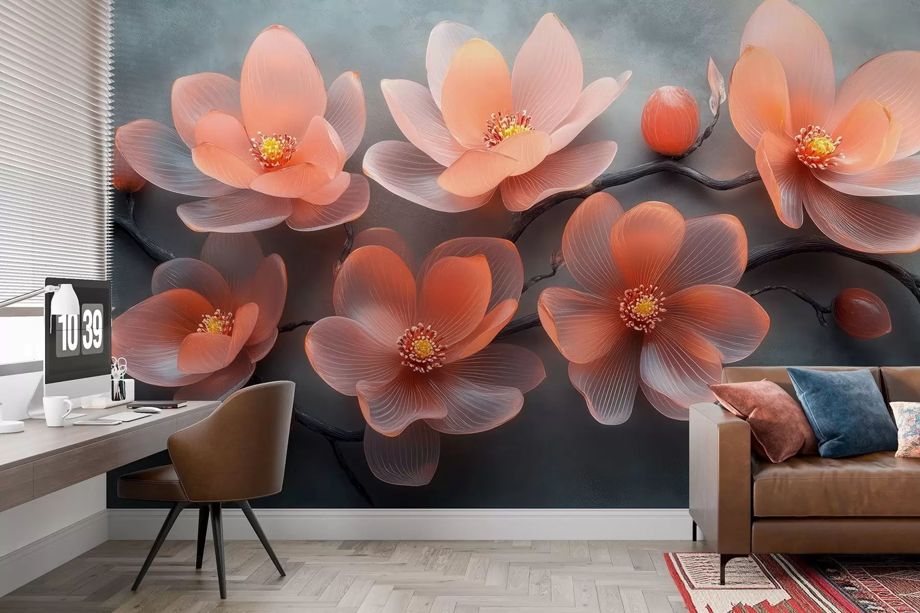 Fotobehang Een boeket doorschijnende glazen magnolia bloemen op een grijze betonnen achtergrond w08497