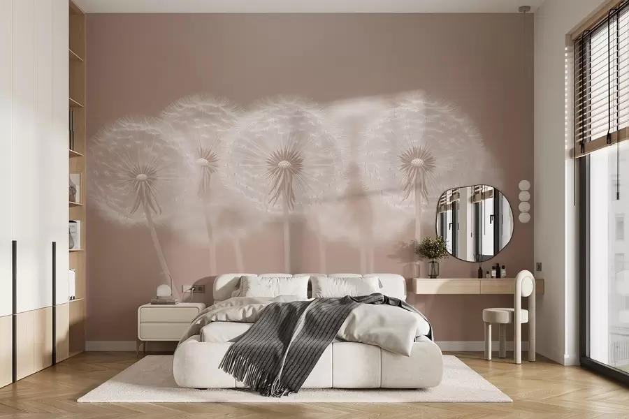 Fotobehang Delicate roze luchtige paardenbloemen op een roze natuurlijke achtergrond w08498v1