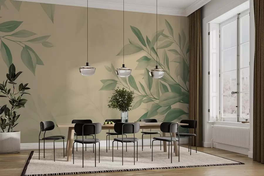 Fotobehang Groene bladeren met een zachte warmbeige achtergrond w08499v2