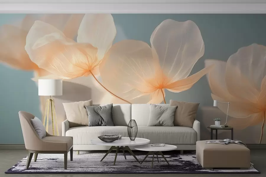 Fotobehang Lotusblaadjes, een delicate compositie met een blauwe achtergrond w08500