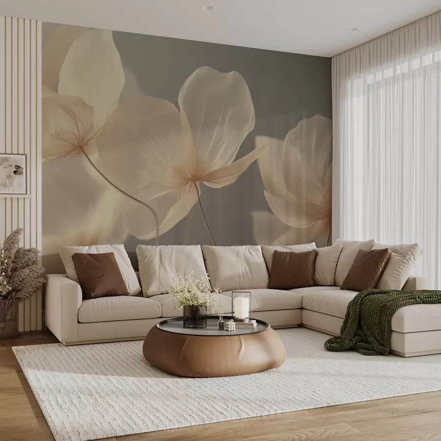 Fotobehang Lotusblaadjes, een delicate compositie met een grijze achtergrond w08500v2