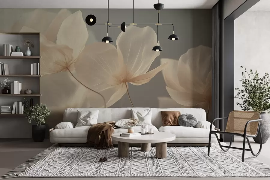 Fotobehang Lotusblaadjes, een delicate compositie met een grijze achtergrond w08500v2