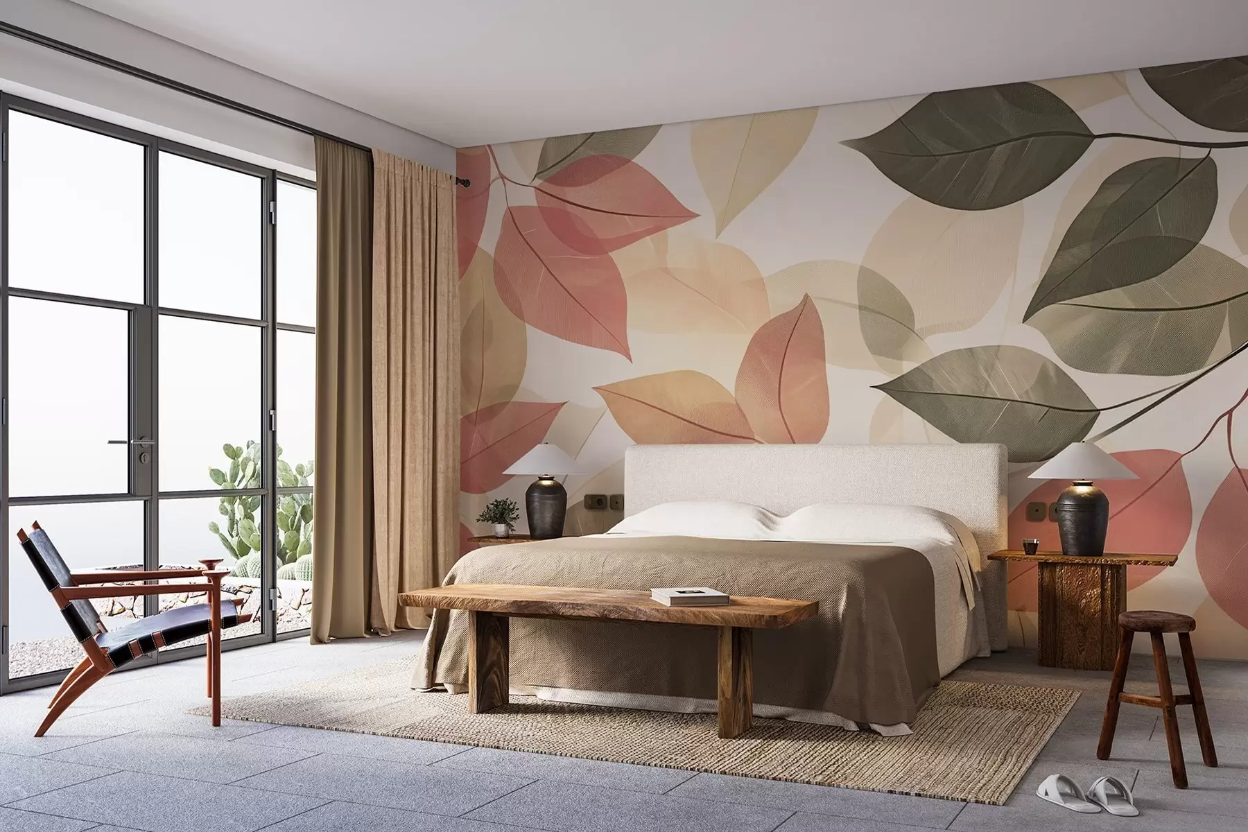 Fotobehang Bladtakken in rode en groene tinten w08502