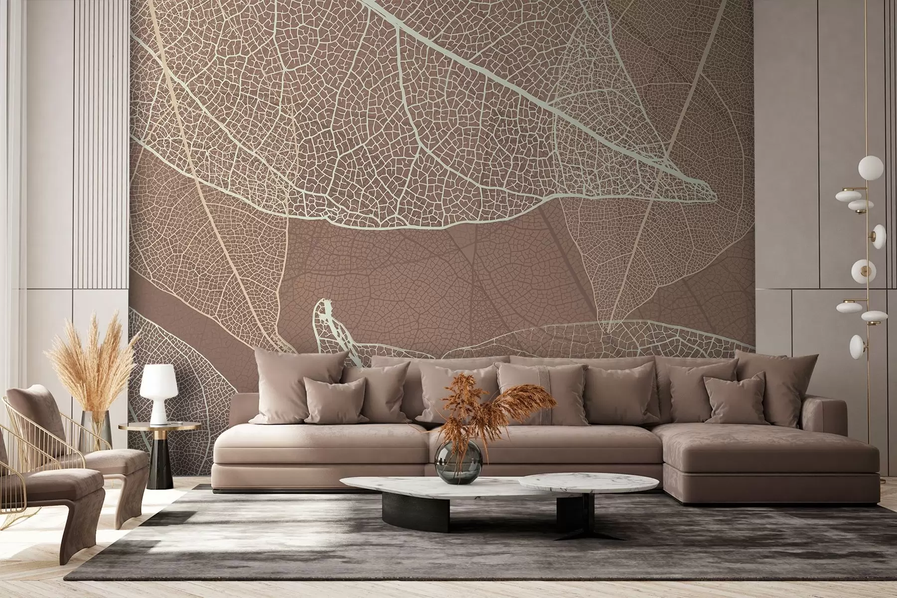 Fotobehang close-up van bladeren met nerven in lichte chocoladekleuren w02520v1