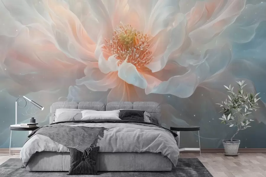 Fotobehang een dromerig, etherisch schilderij van een grote, delicate bloem in zachte pasteltinten w02545