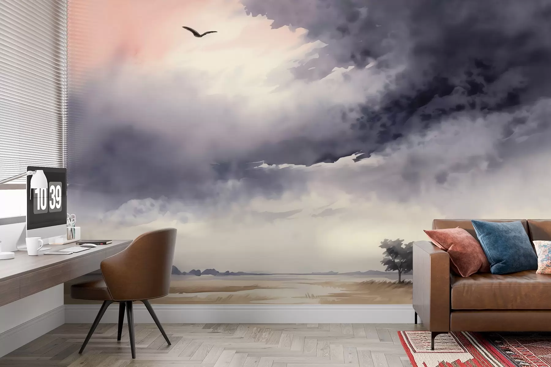 Fotobehang Stormachtige lucht over het veld imitatie aquarel w02581