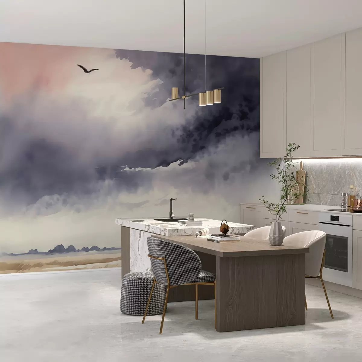 Fotobehang Stormachtige lucht over het veld imitatie aquarel w02581