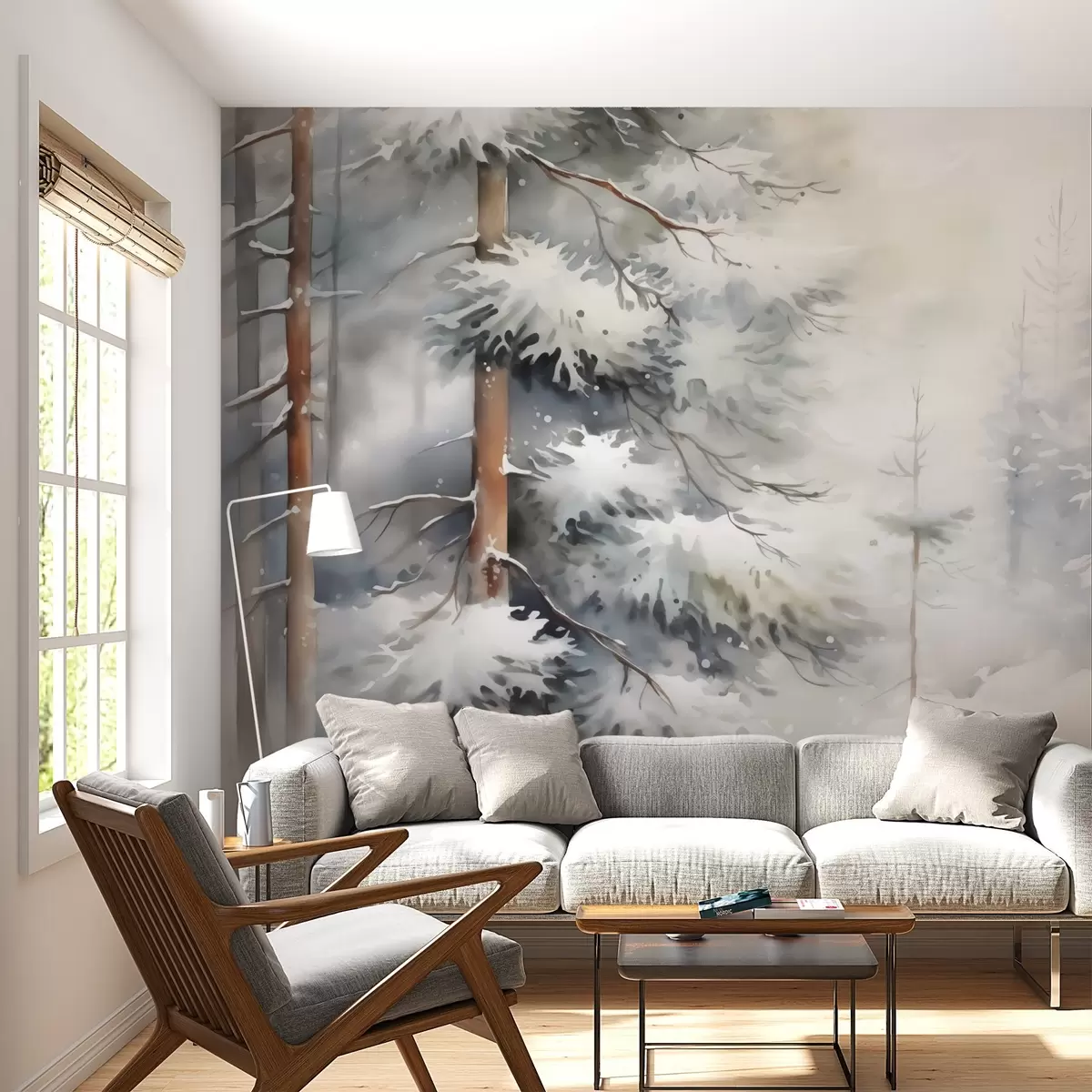Fotobehang Besneeuwd bos imitatie van aquarel w02591