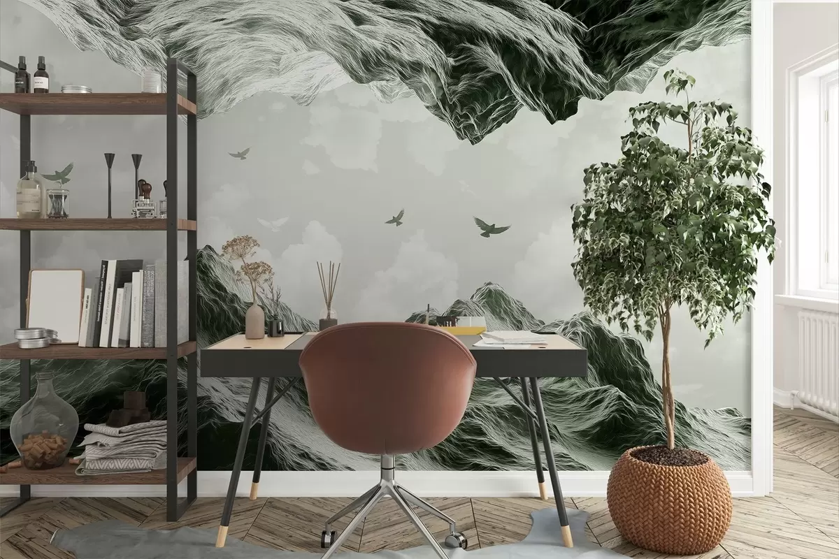 Fotobehang Bergen landschap, realisme, vliegende vogels, natuur, wolken, groene kleuren w02514v3 kopen - Uwalls.nl Fotobehang Bergen landschap, realisme, vliegende vogels, natuur, wolken, groene kleuren w02514v3