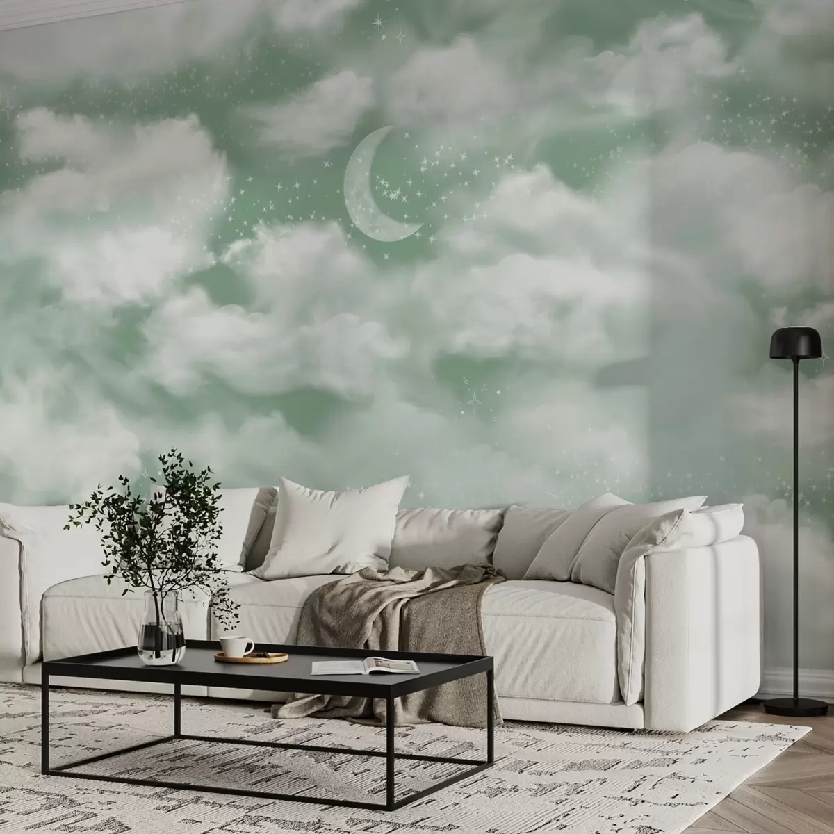 Fotobehang Sterrenhemel met maan en wolken, dromerig, etherisch, zachte groene kleuren w02515v2 kopen - Uwalls.nl Fotobehang Sterrenhemel met maan en wolken, dromerig, etherisch, zachte groene kleuren w02515v2