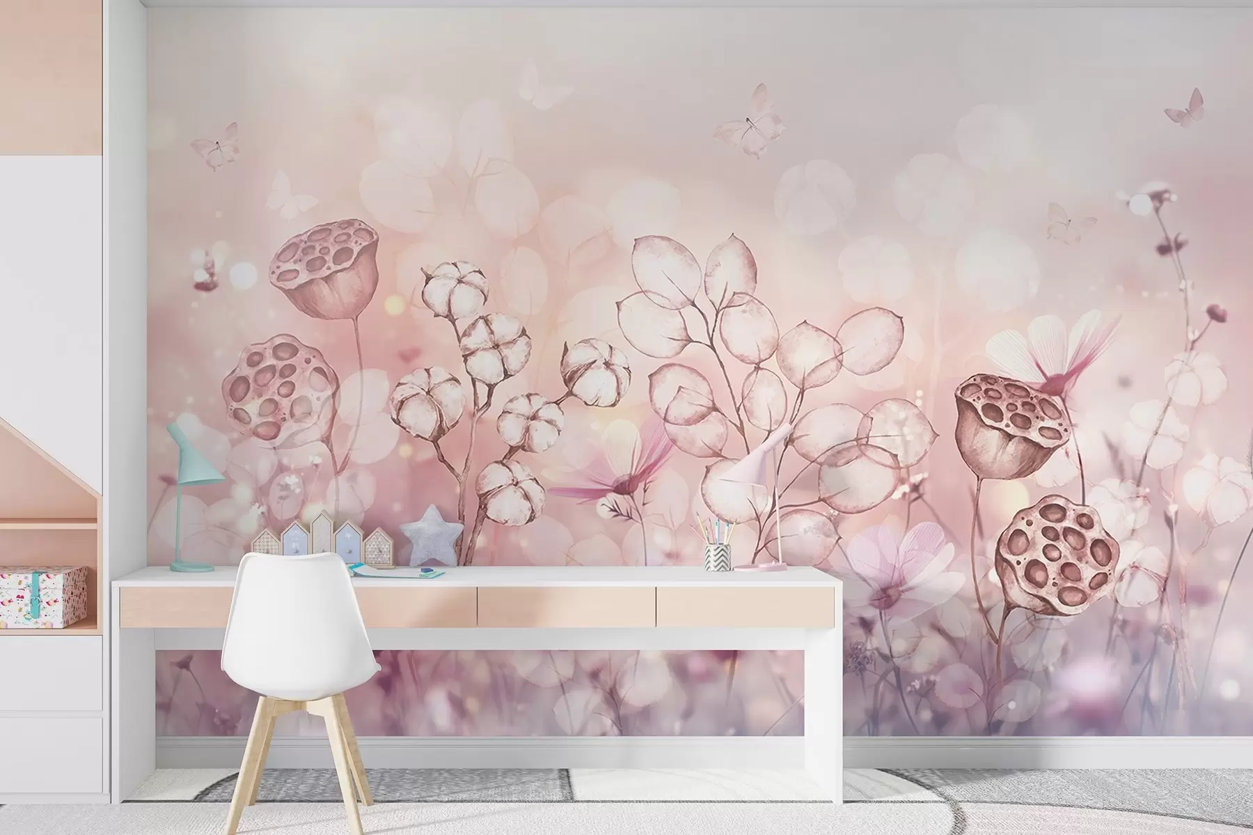 Fotobehang Dromerige bloementuin, vlinder, katoenen bloemen, lotussen, roze kleuren w02516