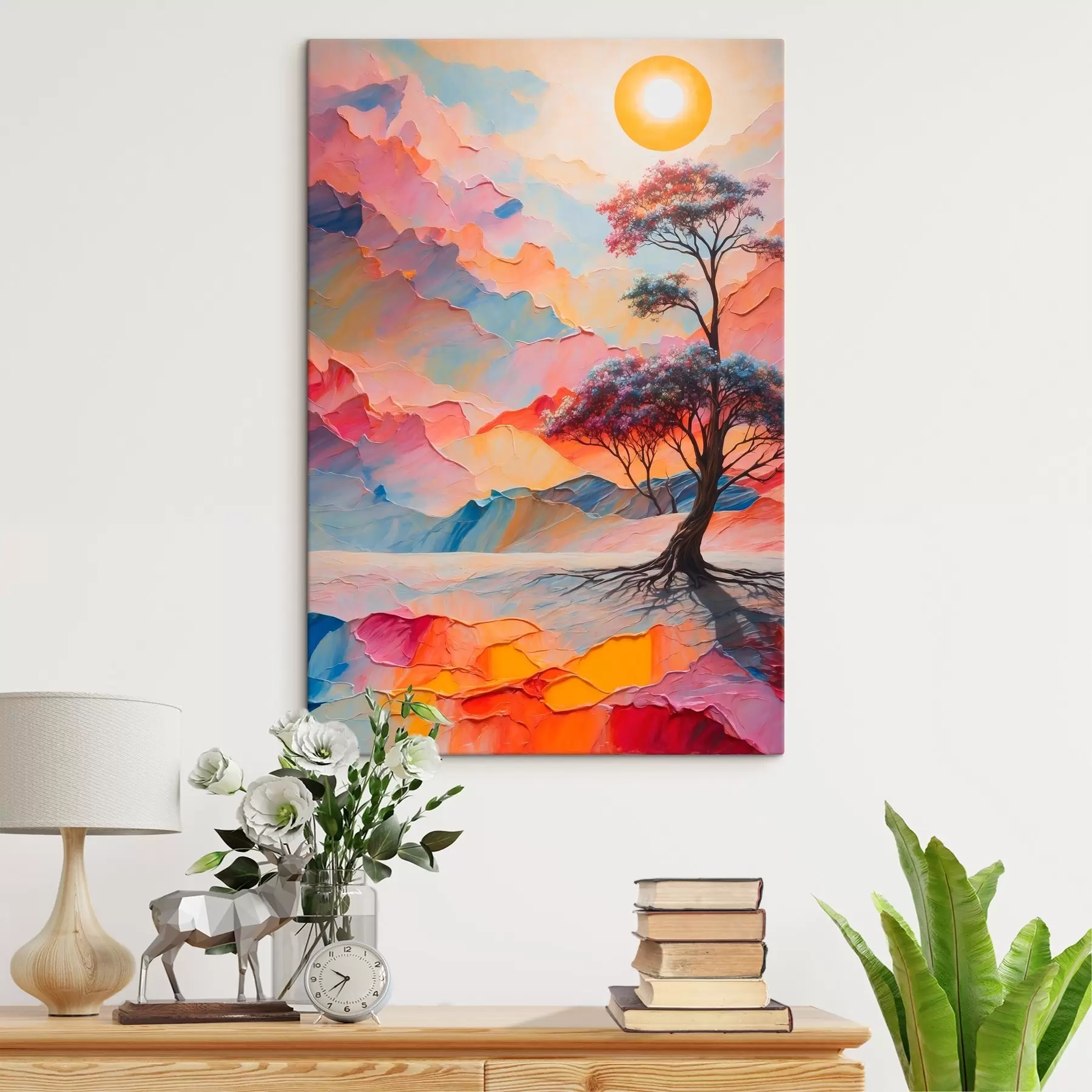  Schilderijen Boom en zon op abstracte achtergrond in acrylstijl s41771