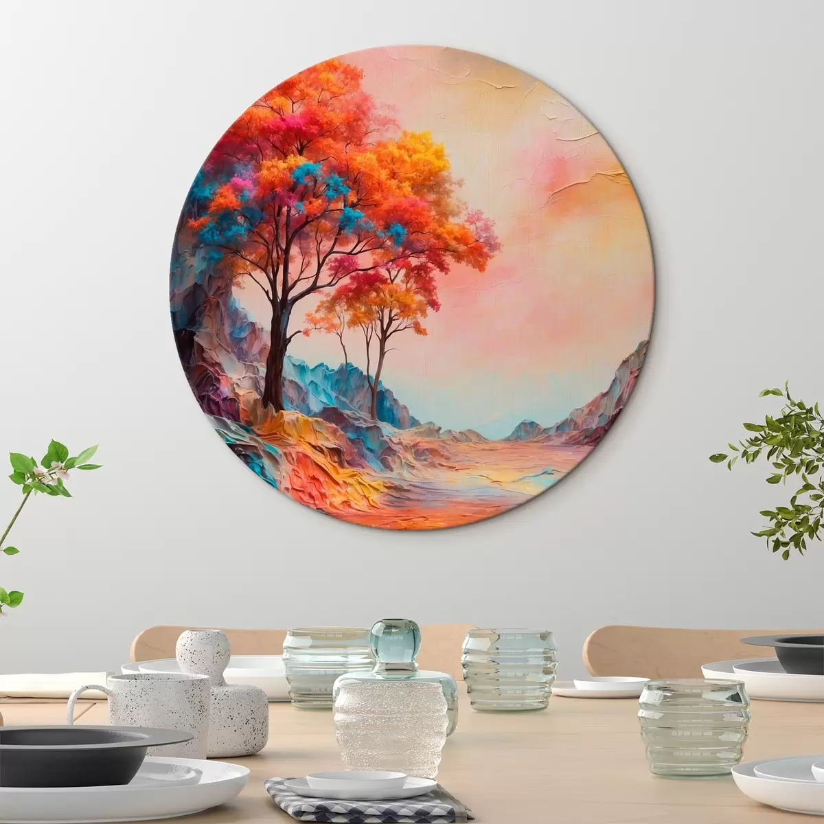 Ronde schilderijen Bomen en abstracte veelkleurige bergen r41772