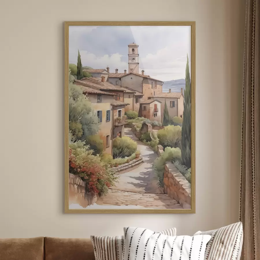 Fotobehang Italiaanse buitenwijk straat imitatie aquarel f42135